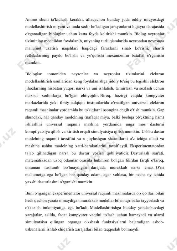 ni avtomatlashtirishda tabiiy aqliy apparat - inson miyasiga ko'r-ko'rona ergashish kerakmi?? tabiatdan ko'r-ko'rona nusxa ko'chirish nafaqat texnologiyani oldinga siljitmagan, balki ko'pincha uning rivojlanishiga to'sqinlik qilganda texnologiya tarixi ko'plab misollarni biladi. ular birinchi parovozlarni "oyoqlari" bilan jihozlashga harakat qilganliklarini eslash kifoya, va aviatsiya paydo bo'lganida, qushlarning qanotlarini qoqib qo'yishga taqlid qilishga urinishlar juda ko'p kuch va energiya talab qildi. shuni unutmaslik kerakki, bugungi kunda fikrlash jarayonlarini modellashtirishning moddiy asosi - elektron elementlar tirik neyronlarning moddiy asosi - tirik oqsildan sifat jihatidan farq qiladi. modellashtirish mexanizmi, birinchi navbatda, uning moddiy asosining o'ziga xos xususiyatlarini aks ettirishi kerak. tirik neyronlar uchun foydali bo'lgan o'zaro aloqalarni tashkil qilish va ma'lumot uzatish shakllari ularni modellashtiradigan elektron elementlar uchun yaxshi bo'lishi shart emas va aksincha. algoritmma va kodlash kibernetika rivojlanishining hozirgi bosqichida inson aqliy faoliyatining turli sohalarini ularning algoritmik tavsifiga asoslangan avtomatlashtirish shakllari alohida ahamiyatga ega bo'ldi. dastlab matematikada paydo bo'lgan algoritm tushunchasi hozirda ancha universal …