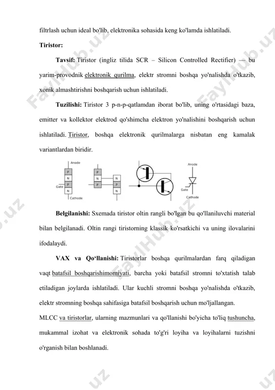 r boshqa qurilmalardan farq qiladigan vaqt batafsil boshqarishimomiyati, barcha yoki batafsil stromni to'xtatish talab etiladigan joylarda ishlatiladi. ular kuchli stromni boshqa yo'nalishda o'tkazib, elektr stromning boshqa sahifasiga batafsil boshqarish uchun mo'ljallangan. mlcc va tiristorlar, ularning mazmunlari va qo'llanishi bo'yicha to'liq tushuncha, mukammal izohat va elektronik sohada to'g'ri loyiha va loyihalarni tuzishni o'rganish bilan boshlanadi. dinistor va tiristorlar haqida tushuncha. qo‘llanish sohalari. vaxida manfiy differensial qarshilik mavjud bo‘lgan, uch va undan ortiq p-n o‘tishlarga ega ko‘p qatlamli yarimo‘tkazgich asbob tiristor deb ataladi. tiristorning s-simon вaxida tok ortishi bilan kuchlanish kamayadigan av soha mavjud (1.1-rasm). 1.1. tiristorning s - simon vaxi. tiristor ishlaganda ikkita muvozanat holatda bo‘lishi mumkin. berk holatda tiristor katta qarshilikka ega va undan kichik tok oqadi. ochiq holatda tiristor qarshiligi kichik va undan katta tok oqadi. shundan yarimo‘tkazgich asbobning nomi (tira - eshik) qo‘yilgan. tiristorlar radiolokatsiyada, radioaloqa qurilmalarida, avtomatikada manfiy o‘tkazuvchanlikka ega yarimo‘tkazgich asbob sifatida hamda tok boshqaruvchi kalitlar, …