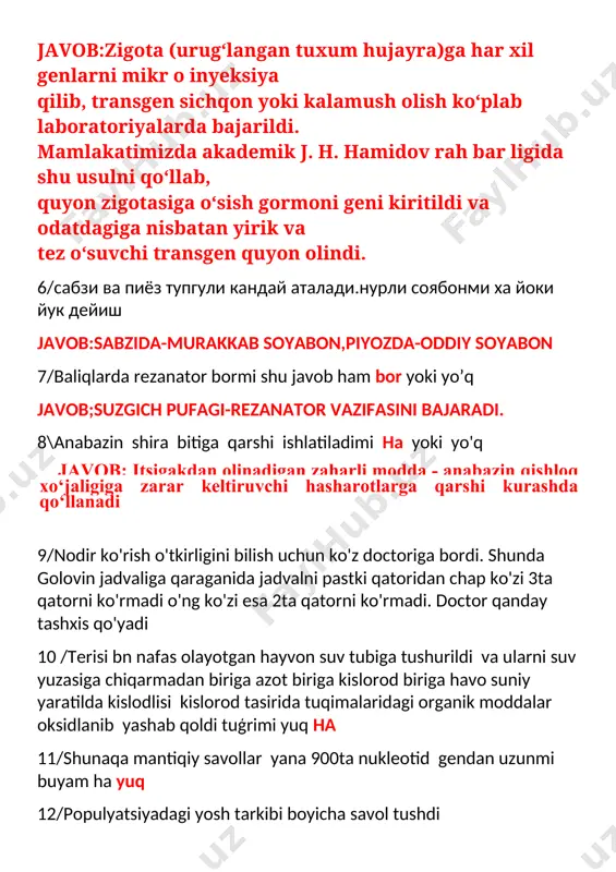 giga nisbatan yirik va tez o‘suvchi transgen quyon olindi. 6/сабзи ва пиёз тупгули кандай аталади.нурли соябонми ха йоки йук дейиш javob:sabzida-murakkab soyabon,piyozda-oddiy soyabon 7/baliqlarda rezanator bormi shu javob ham bor yoki yo’q javob;suzgich pufagi-rezanator vazifasini bajaradi. 8\anabazin shira bitiga qarshi ishlatiladimi ha yoki yo'q javob: itsigakdan olinadigan zaharli modda - anabazin qishloq xo‘jaligiga zarar keltiruvchi hasharotlarga qarshi kurashda qo‘llanadi 9/nodir ko'rish o'tkirligini bilish uchun ko'z doctoriga bordi. shunda golovin jadvaliga qaraganida jadvalni pastki qatoridan chap ko'zi 3ta qatorni ko'rmadi o'ng ko'zi esa 2ta qatorni ko'rmadi. doctor qanday tashxis qo'yadi 10 /terisi bn nafas olayotgan hayvon suv tubiga tushurildi va ularni suv yuzasiga chiqarmadan biriga azot biriga kislorod biriga havo suniy yaratilda kislodlisi kislorod tasirida tuqimalaridagi organik moddalar oksidlanib yashab qoldi tuģrimi yuq ha 11/shunaqa mantiqiy savollar yana 900ta nukleotid gendan uzunmi buyam ha yuq 12/populyatsiyadagi yosh tarkibi boyicha savol tushdi 1 qari organizmlar 70 tani (?????) organizmlar 150 tani (????) …