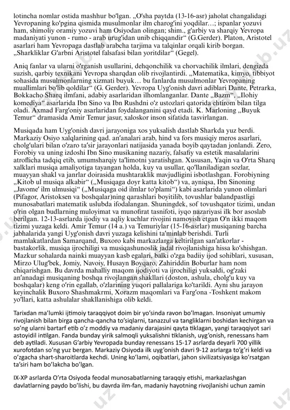 pa&action=edit&redlink=1 https://uz.wikipedia.org/w/index.php?title=g%ca%bbarbiy_yevropa&action=edit&redlink=1 https://uz.wikipedia.org/w/index.php?title=g%ca%bbarbiy_yevropa&action=edit&redlink=1 https://uz.wikipedia.org/wiki/italiya https://uz.wikipedia.org/wiki/italiya https://uz.wikipedia.org/wiki/gumanizm https://uz.wikipedia.org/wiki/gumanizm chuqur ishlab chiqiddi. sheʼriyatda abu abdullo rudakiy, abulalo almaarriy, abulqosim firdavsiy, jaloliddin rumiy, hofiz sheroziy, nizomiy ganjavip, abdurahmon jomiy va alisher navoiy kabi daho ijodkorlar yetishib, oʻlmas asarlar yaratdilar, ishqmuhabbat, qahramonlik, ozodlik va ezgulikni kuyladilar. miniatyura rassomchiligida bir necha maktablar shakllandi, bunda kamoliddin behzod rasmlari yangi ijodiy yoʻnalishga asos soldi. uygʻonish davri ning yana bir belgisi xalq ruhini ifodalaydigan „ming bir kecha“, „kalila va dimna“, „qirq vazir“, „toʻtinoma“, „sindbodnoma“, „jomeʼul hikoyot“ kabi qiziqarli sarguzashtlarga toʻla, shavqu zavq qoʻzgʻatadigan asarlarning koʻpaygani, ikkinchi tomondan „xamsa“larda boʻlganiday, insoniy ideallarni mujassam etgan hikmat va falsafaga boy umumbashariy gʻoyalarning tasvirlanishidir. eron va markaziy osiyo xalqlari bir necha ming yillik sivilizatsiya tarixiga ega. zotan, qadimiyati, qad. davlatchiligi boʻlmagan xalqda uygʻonish davri ham boʻlmaydi. markaziy osiyoda 9-13-asrlarda oʻz xalqining qadimiyatiga qaytish, avesto falsafasini qurʼon maʼrifati bilan uygʻunlashtirib, qayta tiklashga intilish tasavvuf taʼlimoti, „ishroq“ falsafasida namoyon boʻlgan. shu asosda turli nazariyalar, …