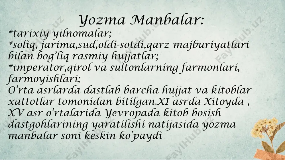 a’lumotlar beradi style.visibility ppt_x ppt_y style.visibility ppt_x ppt_y style.visibility ppt_x ppt_y style.visibility ppt_x ppt_y style.visibility ppt_x ppt_y style.visibility ppt_w ppt_h yozma manbalar : * tarixiy yilnomalar ; * soliq , jarima,sud,oldi-sotdi,qarz majburiyatlari bilan bog’liq rasmiy hujjatlar ; * imperator,qirol va sultonlarning farmonlari , farmoyishlari ; o’rta asrlarda dastlab barcha hujjat va kitoblar xattotlar tomonidan bitilgan.xi asrda xitoyda , xv asr o’rtalarida yevropada kitob bosish dastgohlarining yaratilishi natijasida yozma manbalar soni keskin ko’paydi style.visibility ppt_x ppt_y ppt_h ppt_w avesto tarixiy yozma manbasi eng qadimgi yozma manba bu-avesto bo’lib hisoblanadi. avesto-zardushtiylikning muqaddas kitobi bo’lib yurtimiz haqida juda ko’p ma’lumot beradi.bu kitob miloddan avvalgi vi asr milodiy vi asrlarda yozilgan eron hamda o’rta osiyo xalqlarining qadimgi ma’daniyati,e’tiqodi, tili, adabiyoti va qisman tarixini o’rganishda asosiy manba hisoblanadi bir qancha olimlar fransuz darmsteter,ozarbayjonlik i.aliyev,”avesto” midiya hozirgi eronning shimoliy-g’arbiy qismi va ozarbayjonda yozilgan, deyishsa boshqalar –v.v.struve, s.p.tolstov, e.althaym va boshqalar amudaryo bo’yida joylashgan viloyatlarda , balx …