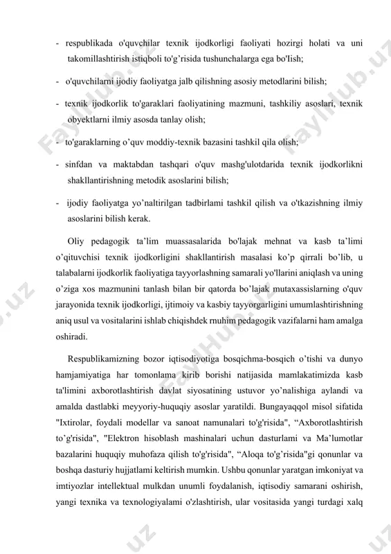 a yo’naltirilgan intellektual mulkni shakllantirishning innovatsion jarayonlarini rivojlantirish uchun yangi istiqbollarni ochib berdi. kashfiyot, ixtiro, ratsionalizatorlik va patent axboroti kashfiyot tushunchasi ilmiy texnika ijodkorlikni rivojlantirishda fundamental tadqiqotlar asosiy o'rinni egallaydi. aynan ular orqali istiqbolli ilmiy yechimlarni ishlab chiqish uchun asos bo’luvchi ilmiy potentsialni yuzaga keltiradi. ko’p holatlarda fundamental tadqiqotlar, uningyakuniy natijalari ilmiy kashfiyot bilan yakunlanadi. kashfiyot - tushunchasi ikki xil: huquqiy va ommalashgan mahnoda ishlatiladi. ommalashgan tushunchada kashfiyot ilm-fanda katta nazariy va amaliy ahamiyat kasb etadigan ilmiy yangilik sifatida tushuniladi. «kashfiyot qilish huquqi» o’zbekiston respublikasi asosiy qomusi bo’lgan konstitutsiyada kafolatlangan bo’lib, nizomga muvofiq kashfiyot deganda tabiat va jamiyatni ilmiy bilish jarayonida erishilgan yangi ilmiy yutuq tushuniladi. kashfiyot - moddiy dunyoning ilgari ma’lum bo'lmagan obyektiv mavjud qonuniyatlar, xossalari va hodisalami aniqlanishi bilan tavsiflanib, u insoniyatning bilish darajasini tubdan o’zgartiruvchi tahsirga ega bo'ladi. kashfiyot turlari. geografiya, arxeologik, poleontologik va yer qazilma boyliklarini kashf qilish - ilmiy kashfiyot hisoblanmaydi. chunki u ijodiy qobiliyat …