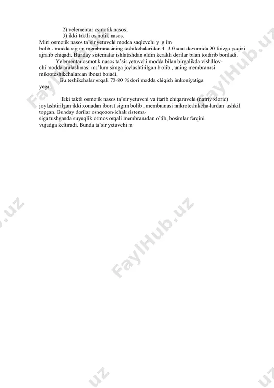 di. qolgan ikkinchi qismi qoplangan tabletka ustida taxtakachlanadi. bunday tabletkalarning ustki qismi oshqozonda, ichki qismi yesa ichakda ta’sir ko’rsatadi. tayyorlash jarayoni ,,draykota’’ tipidagi mashinalarda amalga oshiriladi. shu vo’sinda dorilarni draje va kapsula holida ham chiqarish mumkin. ikkinchi guruhga kiruvchi dorilar birinchi guruhga nisbatan faolroq hisoblanadi. chunki bunda doimiy ravishda ta’sir qiluvchimodda ajralib, qondagiga terapevtik me’yorini ta’minlab turadi. buni amalga oshirish uchun quyidagi dori turlaridan foydalanish mumkin. spansulalar (spansulaye). bular qattiq jelatina kapsulalariga joylashtirilgan mikrokapsula yoki mikro drajelardan tashkil topgan. mikrokapsulalar har xil qalinlikdagi qobiqdan tashkil topgan kapsulalar yigind isi bolganligidan bir vaqtda yerimasdan, uzluksiz ravishda ketma-ket yerishi bilan so’rilib, dori moddaning qondagi konsentrasiyasini bir xilda ushlab turadi. medulalar (medulaye). bular ham spansulaga o’xshash dori turibolib . jelatina kapsulasiga joylashtirilgan mikrokapsulalar stearin va oloip kislotalari- ning polimerdoshlari bilan qoplangan boiadi. ayrim hollarda mikrokapsulalar suspenziya holida ham ishlatilishi mumkii. retard tabletkasi (tabuletaye ,,retard”). mikrokapsulalardan taxtakach- lab olingan tabletkalardir. bularga nitrogliserin tabletkalari- sustak, …