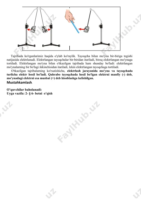 kizamiz. elektrometr strelkasi uncha katta bo'lmagan burchakka og'adi (12-a rasm). tayoqchani yana bir marta mo'ynaga ishqalab elektrlaymiz va yana elektrometr sterjeniga tekkizamiz. bunda elektrometr strelkasi kattaroq burchakka og'adi (12- b rasm). tajriba elektr miqdorining turlicha bo'lishi mumkinligini ko'rsatadi. elektr miqdorini xarakterlash uchun maxsus kattalik-elektr zaryad kiritiladi. elektr zaryadni q yoki q (qu) harfi bilan belgilash qabul qilingan. elektr zaryad manfiy (qahraboniki) va musbat (mo'ynaniki) bo'lishi mumkin. a b zaryad miqdori ko'p va oz bo'lishi mumkin. ikkita bir xil metall shar olamiz va ularni elektrometr sterjenlariga kiydiramiz (13-a rasm). chap tomondagi sharni elektrlaymiz. uning zaryadi ko'p yoki ozligi haqida elektrometr strelkasining og'ishiga qarab hukm chiqarish mumkin. elektrlangan sharni elektrlanmagan shar bilan o'tkazgich yordamida (izolyatsiyalangan dastasidan ushlab) tutashtiramiz (13-b rasm). elektrometrlar strelkalarining ko'rsatishiga qarab, birinchi sharning zaryadi ikki marta kamayganini, ikkinchi shar zaryadi esa shuncha marta ortganini ko'ramiz. sharlardan o'tkazgichni olib, ikkinchi elektrometrni yerga ulab zaryadsizlaymiz. tajribani takrorlaymiz. eleketrometrlarni yana o'tkazgich bilan …