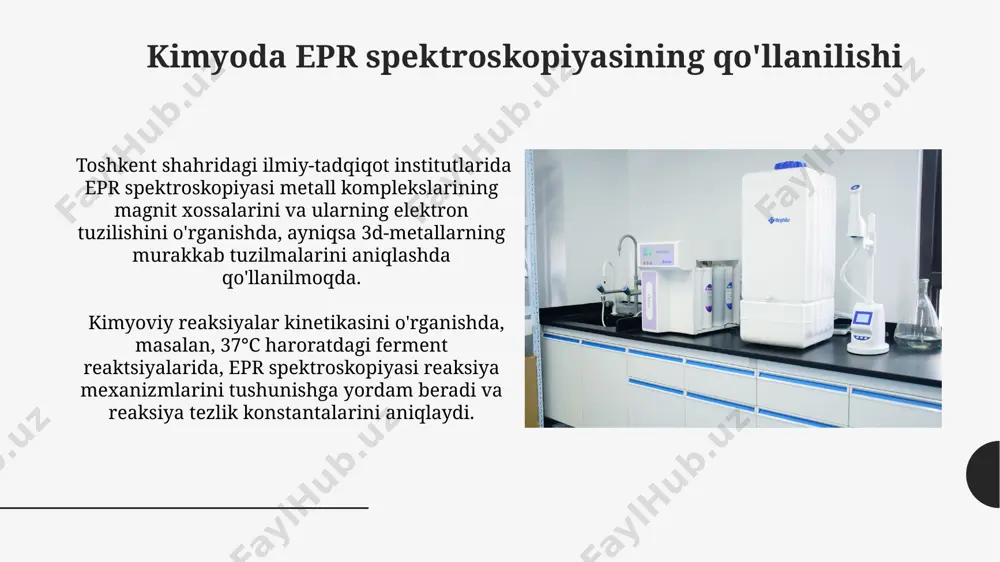 -yilga kelib, global miqyosda 5 milliard dollarlik bozorga yetishi va yaponiya, aqsh va evropa davlatlarida yangi tadqiqot markazlarining ochilishini tezlashtirishi kutilmoqda. 2040-yilga borib, epr spektroskopiyasi biotibbiyot sohasida keng qoʻllaniladi, masalan, xitoy va hindiston kabi mamlakatlarda 500 dan ortiq kasalxonalarda saraton kasalligini aniqlash va davolashda qoʻllaniladi. yarimo'tkazgichlarning xossalarini o'rganish germaniy va kremniy kabi yarimo'tkazgichlarning o'tkazuvchanligini epr orqali aniqlash orqali, 10 15 -10 18 sm -3 oralig'idagi donadorlik darajasini aniqlash va materiallarni takomillashtirish bo'yicha samarqand universitetida tadqiqotlar olib borilmoqda. epr texnikasi yordamida 200 k dan yuqori haroratlarda yarimo'tkazgichlarning paramagnit markazlarining dinamikasini o'rganish, masalan, ularning harakatlanish energiyasini va aktivlash energiyasini aniqlash, farg'ona politexnika institutida amalga oshirilmoqda. katalitik jarayonlarni o'rganish oksid katalizatorlarining sirtini o'rganishda, masalan, vanadiy oksidi (v2o5) kabi, epr spektroskopiyasi 10 18 -10 19 spin/g konsentratsiyalardagi paramagnit markazlar sonini aniqlash orqali katalitik faollikni baholashga yordam beradi. qo'shgan katalizatorlarning faol markazlaridagi mis(ii) ionlarining o'zaro ta'sirini o'rganishda epr signallari intensivligining o'zgarishi, masalan, 9 ghz chastotali …