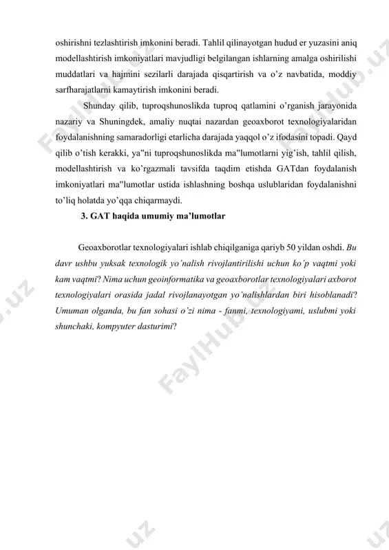 urslar haqida umumiy ma‟lumotlarni yig’ish va siz to’plagan materiallar asosida, ushbu tabiiy resurslarning kelajakdagi zahirasi holatini oldindan prognoz qilish topshirig’ini bajarish vazifasi yuklatilgan bo’lsin. tabiiyki, bu ko’rinishdagi topshiriqni bajarish davomida siz etarlicha darajada ishonchli materiallarni yig’ishingiz talab qilinadi, bunda ko’p sondagi mutaxassislar tomonidan amalga oshirilgan tadqiqotlarning qog’ozda qayd qilingan shakldagi natijalaridan foydalanishga to’g’ri keladi. qo’shimcha ravishda, siz ushbu belgilangan ishlarni bajarishingiz uchun ko’p vaqt sarflashingiz talab qilinadi. siz ushbu ishlarni bajarishingiz uchun avtomatlashtirilgan tavsifga ega tizimdan foydalanishingiz talab qilinadi. bu tavsifdagi tizim mavjud emasligi dastlab aynan, geografik axborotlar tizimi yo’nalishida faoliyat olib boruvchi mutaxassislar tomonidan qayd qilingan. m.n.demers. fundamentals of geographic information systems (geografik axborot tizimlari asoslari) // new mexico state university. – 1999. – p.4–5. dasturlar ma‟lumotlar uslublar qurilma-vositalar 3.1-rasm. gat strukturasining umumiy ko’rinishi geografik axborotlar tizimi haqida mutlaqo ma‟lumotga ega bo’lmagan kishi - «nima uchun men geoinformatika nimaligi haqida bilishim kerak?», deb savol berishi tabiiy holat hisoblanadi. haqiqatdan …