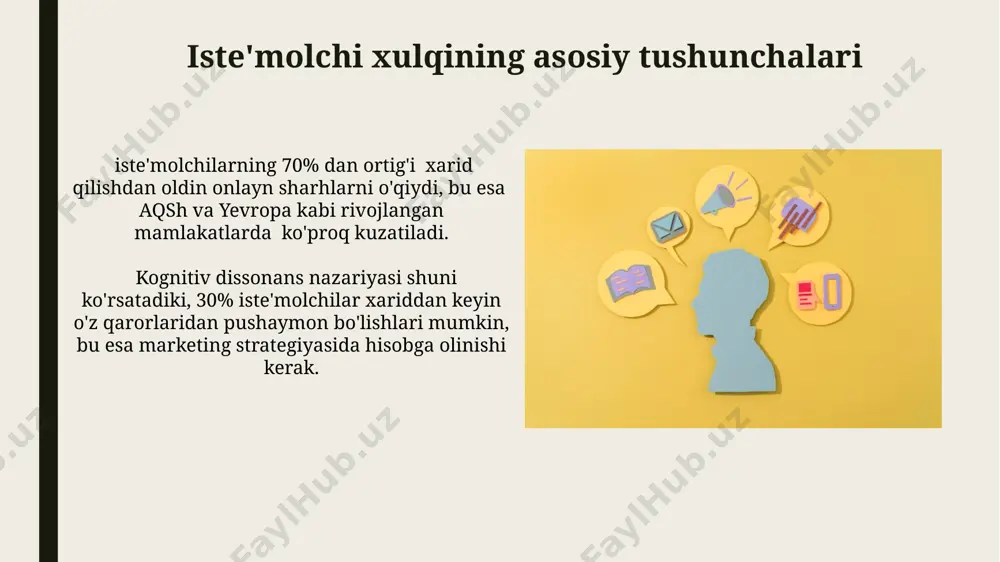 jobiy sharhlarning ahamiyatini ko'rsatadi. iste'molchi segmentatsiyasi oʻzbekistondagi isteʼmolchi segmentatsiyasi bozor hajmining 2023-yilda 50 milliard dollardan oshganini va yosh avlodning (18-35 yosh) 60% dan ortigʻi onlayn xaridlarni faol amalga oshirishini hisobga oladi. toshkent shahridagi isteʼmolchilarning 30% dan koʻprogʻi yuqori daromadli segmentga mansub boʻlib, ularning xarid qilish odatlari va brendlarga nisbatan afzalliklari boshqacha. brendlarga munosabat 2023-yilgi tadqiqotlar shuni ko'rsatdiki, global miqyosda 10 ta yirik brendning 8 tasida mijozlarning salbiy fikr-mulohazalariga tezkor javob berish tizimi mavjud emas, bu esa brendga munosabatni sezilarli darajada pasaytiradi. brendga sodiqlik indeksi (bsi) bo'yicha o'tkazilgan so'rovnomalar natijalari shuni ko'rsatadiki, o'zbekistonning toshkent shahrida 30 yoshdan oshgan iste'molchilarning 65% ma'lum brendlarga nisbatan yuqori darajadagi sodiqlikni namoyon qiladi. e'tiboringiz uchun rahmat @taqdimot_robot image1.jpg image2.jpg image3.jpg image4.jpg image5.jpg image6.jpg image7.jpg image8.jpg image9.jpg image10.jpg image11.jpg image12.jpg image13.jpg image14.jpg image15.jpg image16.jpg image17.jpg