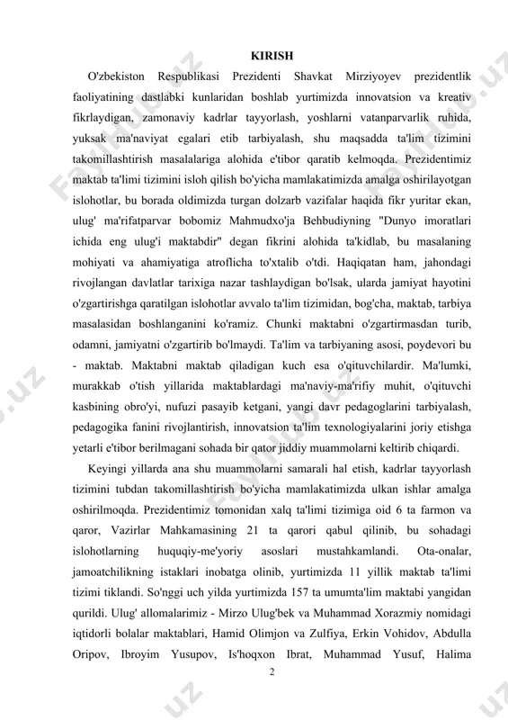 mmolarni keltirib chiqardi. keyingi yillarda ana shu muammolarni samarali hal etish, kadrlar tayyorlash tizimini tubdan takomillashtirish bo'yicha mamlakatimizda ulkan ishlar amalga oshirilmoqda. prezidentimiz tomonidan xalq ta'limi tizimiga oid 6 ta farmon va qaror, vazirlar mahkamasining 21 ta qarori qabul qilinib, bu sohadagi islohotlarning huquqiy-me'yoriy asoslari mustahkamlandi. ota-onalar, jamoatchilikning istaklari inobatga olinib, yurtimizda 11 yillik maktab ta'limi tizimi tiklandi. so'nggi uch yilda yurtimizda 157 ta umumta'lim maktabi yangidan qurildi. ulug' allomalarimiz - mirzo ulug'bek va muhammad xorazmiy nomidagi iqtidorli bolalar maktablari, hamid olimjon va zulfiya, erkin vohidov, abdulla oripov, ibroyim yusupov, is'hoqxon ibrat, muhammad yusuf, halima xudoyberdiyeva nomlari bilan atalgan ijod maktablari, "temurbeklar maktabi", prezident maktablari, xususiy maktablar singari yangi va zamonaviy namunadagi ta'lim dargohlari tashkil etilgani yurtimiz farzandlari uchun ta'lim-tarbiya olish borasida yangi imkoniyatlar ochib bermoqda.shunga ko'ra, o'zbekiston respublikasi oliy majlisining ix sessiyasida qabul qilingan «ta'lim to'g'risidagi qonun» hamda «kadrlar tayyorlashning milliy dasturi»da ta'lim-tarbiya tizimini tubdan isloh qilish, uni zamon …