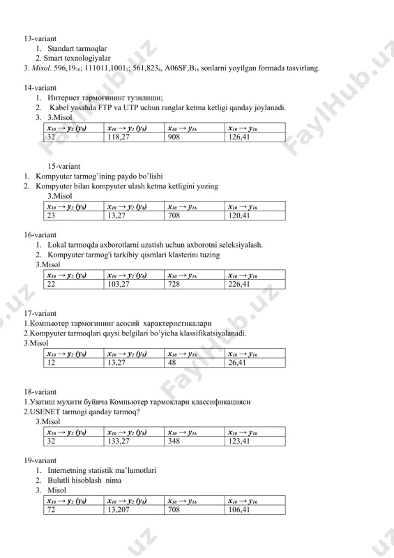 g. 3. misol. 336,1910; 1010101,10012; 461,7238, a0c6ff,b16 sonlarni yoyilgan formada tasvirlang. 22-variant 1. virus nima? kompyuter viruslari haqida 2. tarmoq turlari va topologiyalari klasterini tuzing. 3. x10 → y2 (y8) x10 → y2 (y8) x10 → y16 x10 → y16 54 234,46 69401 833,54 23-variant 1. ma’lumotlarni uzatish kamchiliklari : tushuntiring 2. kerak bo’lmagan tarmoqqa ulanib qolgan bo’lsangiz, uni o’chirish uchun qanday amallar bajariladi: tartibi bilan yozing 3. x10 → y2 (y8) x10 → y2 (y8) x10 → y16 x10 → y16 55 234,56 69001 836,54 24-variant 1. axborot miqdori va uzatish tezligi 2. mis kabel va optik kabel farqi to’grisida yozing 3. x10 → y2 (y8) x10 → y2 (y8) x10 → y16 x10 → y16 59 234,46 604,01 633,54 25-variant 1. bulut texnologiyasi afzalliklari 2. zamonaviy modemlarda ko`pincha modulyatsiyaning uchta turi ishlatiladi. ular qaysilar. 3. x10 → y2 (y8) x10 → y2 (y8) x10 → y16 x10 → …