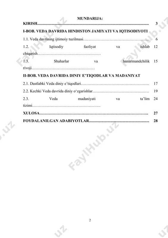 iga xos vazifalarni bajargan. varna tizimi keyinchalik hind ijtimoiy tuzilmasiga chuqur singib, kasten tizimi (jati) shaklida hozirgi kungacha davom etayotgan murakkab ijtimoiy qatlamlarni yuzaga keltirdi. veda davrida iqtisodiyot avvalo chorvachilik va dehqonchilikka tayangan. erta davrda yarim ko‘chmanchi hayot kechirgan hindular asosan qoramollar boqishga e’tibor qaratgan; keyinchalik, temir arra va plough kabi texnologiyalar paydo bo‘lishi bilan ganga-yamuna vodiysi o‘rmonlari tozalab, qishloq xo‘jaligi kengaytirildi. bug‘doy, arpa, guruch kabi ekinlar yetishtirilib, ortiqcha hosil savdo va bartering orqali almashilgan. metall ishlov berish — dastlab mis va bronza davrida, keyin esa temir (śyāma ayas) kashfiyoti bilan yanada rivojlandi. veda davri madaniyati va intellektual merosi ham beqiyosdir. gurukul tizimi doirasida o‘quvchilar ustozlari bilan yashab, og‘zaki an’analar asosida astronomiya, arifmetika, tilshunoslik, musiqiyot va falsafa bo‘yicha chuqur bilimlarga ega bo‘lgan. rigvedada qayd etilgan pancha-veda, shrauta va grhya sutralar so‘z boyligi va grammatikasi tillar evolyutsiyasini o‘rganishda muhim manba bo‘lib xizmat qiladi. veda matnlaridagi kosmologik va matematik tushunchalar, masalan, pi …