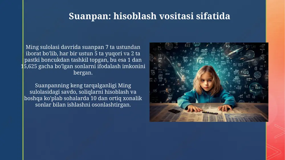 fodalash uchun turli xil tarzda joylashtirilgan. ming davrida katta sonlar bilan ishlashda, o‘nlik sanoq sistemasiga asoslangan, yozuv vositalari yordamida hisob-kitoblar bajarilgan bo‘lib, bu murakkab hisob-kitoblarni amalga oshirishga imkon bergan. qurilish va muhandislikda arifmetika kanallar va suv omborlarini qurishda, suv oqimining tezligini aniqlash uchun, arifmetik progressiya formulalaridan foydalanib, suvning harakatini hisoblashda murakkab hisob-kitoblar amalga oshirilgan. ming davrida ko'priklar qurishda, geometrik shakllarning maydon va hajmini aniqlash uchun, π (pi) sonining yaqinlashgan qiymatlaridan foydalanib, murakkab hisoblashlar olib borilgan. astronomiya va kalendar hisoblari тақвим ҳисоб-китобларида ойнинг фазаларини аниқ белгилаш учун, куннинг давомийлигини ўлчашда, яъни 24 соатли тизим асосидаги ҳисоб-китобларда юқори даражадаги арифметика билимидан фойдаланилган. минг сулоласидаги астрономик кузатувлар календарь тузишда муҳим роль ўйнаб, 24 та муайян кунлик ва йиллик циклларнинг аниқ ҳисоб-китобини талаб қилган, бу эса арифметика билимининг юқори даражада эканлигини кўрсатади. qo'shish va ayirish amallari qo'shish va ayirishning murakkab misollarini hisoblashda, o'nlik sanoq sistemasiga asoslangan maxsus yozma usullar qo'llanilgan, bu esa 2 xonali, …