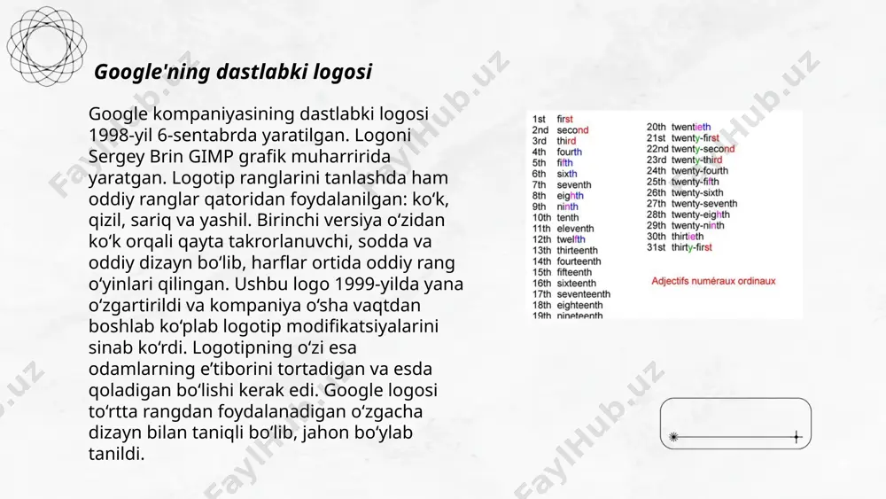 anada takomillashtirilgan. 2013-yilda google waze ilovasini 1,3 milliard dollarga xarid qilgan, bu esa foydalanuvchi ma'lumotlari asosida real vaqt rejimida trafikni yaxshiroq nazorat qilish imkonini bergan. har yili yangi funksiyalar qo'shilishi bilan google maps foydalanuvchilarga yanada ko'proq qulaylik va aniqlik taqdim etadi. ... t.me/slaydai_bot google drive bu google tomonidan taqdim etiladigan bulutli saqlash xizmati bo‘lib, foydalanuvchilarga ma'lumotlarni saqlash, ulashish va ularga istalgan joydan kirish imkonini beradi. google drive 2012-yilda ishga tushirilgan va unda 15 gb bepul saqlash joyi taqdim etiladi. google docs, sheets va slides bilan integratsiyalashgan, bu esa hujjatlar, jadvallar va taqdimotlarni onlayn yaratish va tahrirlash imkonini beradi. shuningdek, foydalanuvchilar fayl va papkalarni boshqalar bilan osonlik bilan ulashishlari mumkin. google drive mobil ilovalar orqali android va ios qurilmalari uchun ham qulaylik yaratadi. ayrim pullik rejalarda 100 gb yoki undan ortiq hajmli saqlash joyini olish mumkin. ... t.me/slaydai_bot google play store — bu google tomonidan boshqariladigan rasmiy ilovalar do'koni. 2008-yilda ishga …