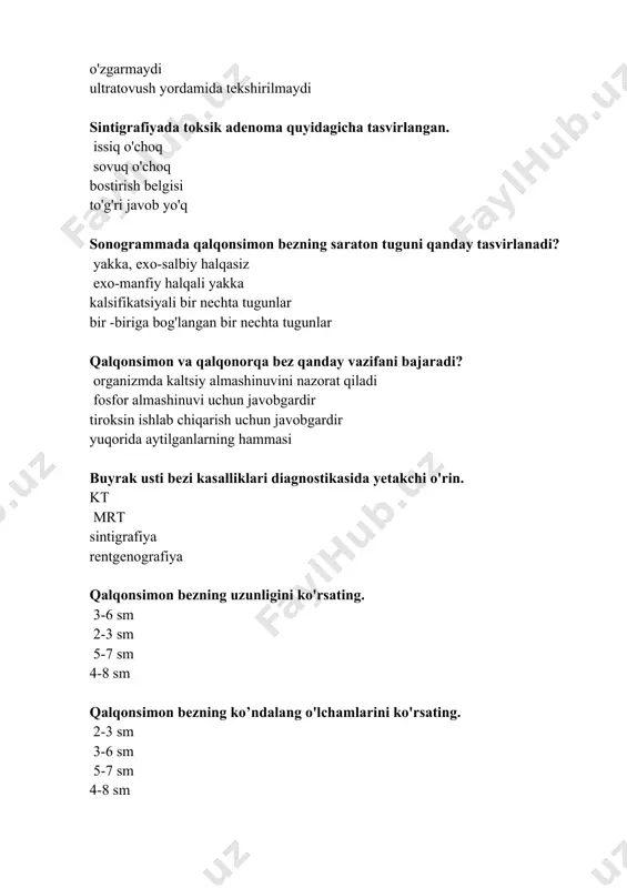 ing qanday funktsiyasini aniqlash mumkin? to'g'ri javoblar b va c qondan yodidlarni olish yod tarkibidagi qalqonsimon gormonlar sintezi gormonlarning qonga chiqishi qalqonsimon bez sintigrafiyasi paytida bo'ynining old yuzasidan qanday masofada joylashgan bo'lishi kerak? 30 sm 15 sm 40 sm 20 sm rfp yuborilgandan keyin qancha vaqt o'tgach, qalqonsimon bez tekshiruvi o'tkaziladi? barcha javoblar to'g'ri 2 soatdan keyin 4 soatdan keyin 24 soatdan keyin qaysi bemorlarga radioimmun analiz qilish kerakdir? to'g'ri javob yo'q homilador ayollar bolalar ko'chma bo'lmagan bemorlar toksik qalqonsimon adenoma uchun stimulyatsiya testi nima? tirotropinning kiritilishi tiroksin kiritilishi yodning kiritilishi to'g'ri javob yo'q sonogrammada qalqonsimon bezning kista shakllanishi nimaga o'xshaydi? bir xil ekogenlik bilan silliq konturli yumaloq yoki tasvirlar tanasi kamaygan ekojeniklikning to'g'ri yumaloq shaklini shakllantirish notekis shaklning shakllanishi to'g'ri javob yo'q sonogrammada qalqonsimon bezning follikulyar adenomasi nimaga o'xshaydi? kamaygan ekogenlikning to'g'ri yumaloq shaklini shakllantirish bir xil ekogenlik bilan silliq konturli yumaloq yoki tasvirlar tanasi notekis shaklning shakllanishi to'g'ri …
