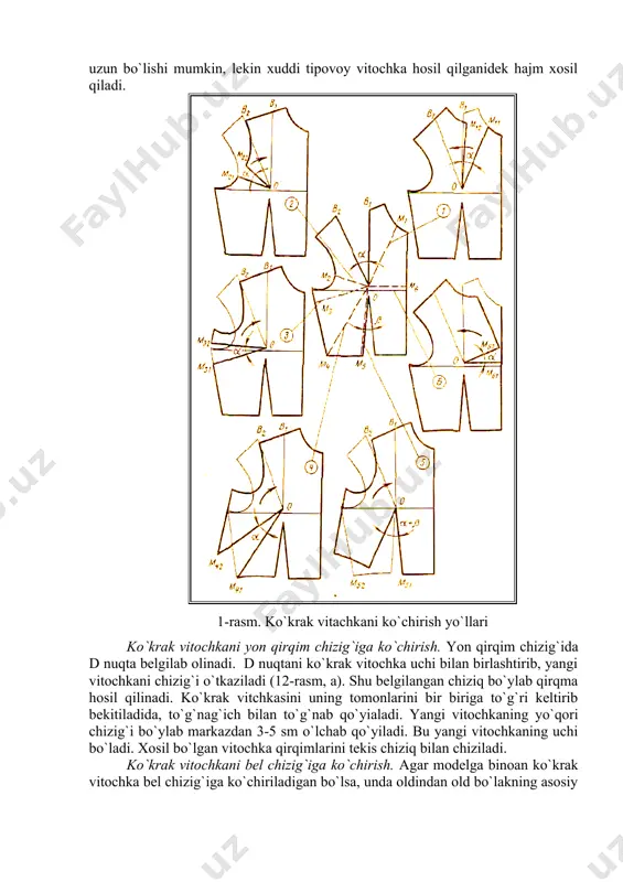 q bilan chiziladi. ko`krak vitochkani bel chizig`iga ko`chirish. agar modelga binoan ko`krak vitochka bel chizig`iga ko`chiriladigan bo`lsa, unda oldindan old bo`lakning asosiy andozasida 12-rasm, bda ko`rsatilgandek bel vitochkasiing uchini ko`krak vitochka uchi bilan birlashtirib olinadi. beldagi vitochkaning chap tomonidan qirqma hosil qilinadi. ko`krak vitochkasining bekitib to`g`naladida, vitochkaning yangi holati ochiladi. yangi vitochka kengligi ko`krak va beldagi vitochkalar kengligi yig`indisiga teng bo`laldi. yangi vitochka qirqimlarini ham tekis chiziq bilan chiziladi. bu vitochka uchi beldagi vitochkaning dastlabki holatiga mos bo`lishi kerak. agar ko`krak vitochka juda keng bo`lsa (bu ko`kragi katta ayollarga xos) bunday vitochkani bel chizig`iga bitta emas, balki kkita qilib, yoki yon qirqimia ikkita qilib, yoki uning yarmini yon qirqimiga, qolgan yarmini esa bel qirqimiga ko`chiriladi. 12-rasm. ko`krak vitochkani ko`chirish ko`krak vitochkani old bo`lak simmetriya chizig`iga ko`chirish. ko`chiriladigan vitochka chizig`i belgilanadi. (13-rasm). birinchi chiziq ko`krak vitochka uchidan, ikkinchi beldagi vitochka uchidan o`tadi. ikkala chiziq ham simmetriya chizig`iga perpendikulyar o`tkaziladi. belgilangan chiziqlar …