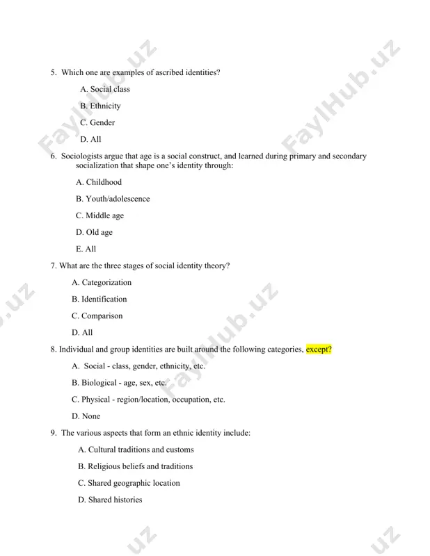 dual cultures to exist within one country 13. which one is the best way to help determine social class? a. economic dimension b. power dimension c. prestige d. all 14. the jobs that people in the working class have are often called a. green collar b. yellow collar c. blue collar d. purple collar 15. which one is not true? a. someone’s social class background affects their life chances b. every society manifests some degree of social inequality c. social class refers to divisions in society based on economic and social status d. sex and gender always correspond 16. which one is true about multiculturalism? a. it is part of ideology b. it is part of diversity policy c. it is means of cultural accommodations d. all 17. which one methods sociologists typically use to determine social class? a. the objective method such as “hard” facts b. the subjective method …