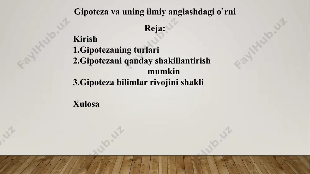 tarzda bog'lash, uning paydo bo'lish sababiga qaratilgan tushuntirishga erishishdir. har qanday gipoteza tekshirishni talab qiladi. natijada uning ehtimolligi ortadi yoki kamayadi, haqiqatligi isbotlanadi yoki rad etiladi. yangi faktlarni eski nazariyalar bilan izohlash mumkin boʻlmaganda, cheklangan miqdordagi faktlar va kuzatishlarni izohlashda gipotezaga ehtiyoj tugʻiladi. u keyingi bilimlarga, tekshirishlarga yoʻl ochadi, yangi nazariyalar esa yana boshqa gipotezani tugʻdiradi. gipoteza bilish jarayonining ajralmas qismi sifatida muhim ahamiyatga egadir. gipotezalarning turlari. shu ma'noda, biz ularning kelib chiqishi yoki maqsadlariga asoslangan gipotezaning turlari, boshqa tomondan esa umumiy nuqtai nazardan gipotezaning turlari bo'lgan ikkita asosiy tasnifni topishimiz mumkin. bunday holda biz gipotezalarning jami beshta turini topamiz, ular o'z navbatida bilish uchun muhim bo'lgan kichik tiplarga bo'linadi: iqtisodiy muammolar (mehnat bozoridagi muammolar va boshqalar) p.): korruptsiya ; iqtisodiyotning xom ashyo tabiati (resurs laʼnati); hududlar: rossiyada subsidiyalar boʻyicha hududlarning bir qismi; shaharlar: ijtimoiy sohadagi muammolar; uy-joy kommunal xoʻjaligi sohasida; transport infratuzilmasini qurishda (tirbandliklar); tashkilotlar (firmalar): kadrlar bilan bogʻliq …