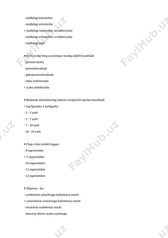 qavati rivojlanmagan - bazal qavat xam donador qavati xam sust rivojlangan # erta yoshdagi bolalar terisining bakteriotsid xususiyati sustligi bog‘liq: - teri sekretining kislotali reaksiyasi - teri sekretining ishqoriy reaksiyasi + teri sekretining neytral yoki sust kislotali reaksiyasi - maxalliy termoregulyatsiyasining yetilganligi - donador qavatning to‘liq shakllanmaganligi # yog‘ bezlari faoliyati qachon boshlanadi? + xomilalik davrida - yangi chaqaloqlik davrida - 1 yoshida - 3-4 yoshida - 7-10 yoshida # xomiladorlikning qaysi muddatida mayin sochlar(lanuga) xomila butun tanasini qoplab oladi? - gestatsiyaning 10 xaftasida - gestatsiyaning 15 xaftasida + gestatsiyaning 20 xaftasida - gestatsiyaning 25 xaftasida - gestatsiyaning 30 xaftasida # yangi tug‘ilgan chaqaloqlar terisidagi oq surtma nimadan iborat: + xolesterin va yog‘dan - suvdan - ter bezlari sekretidan - bola tug‘ilishigacha xosil bo‘ladi - bola tug‘ilganidan keyin xosil bo‘ladi # kasalliklarda teri osti yog‘ qavatining kamayish soxalari ketma ketligi qanday? - yuz-tana-qorin-oyoq-qo‘llar + qorin-tana-oyoq-qo‘l-yuz - qorin-yuz-oyoq-qo‘l-tana - tana-yuz-qorin-oyoq-qo‘l - …