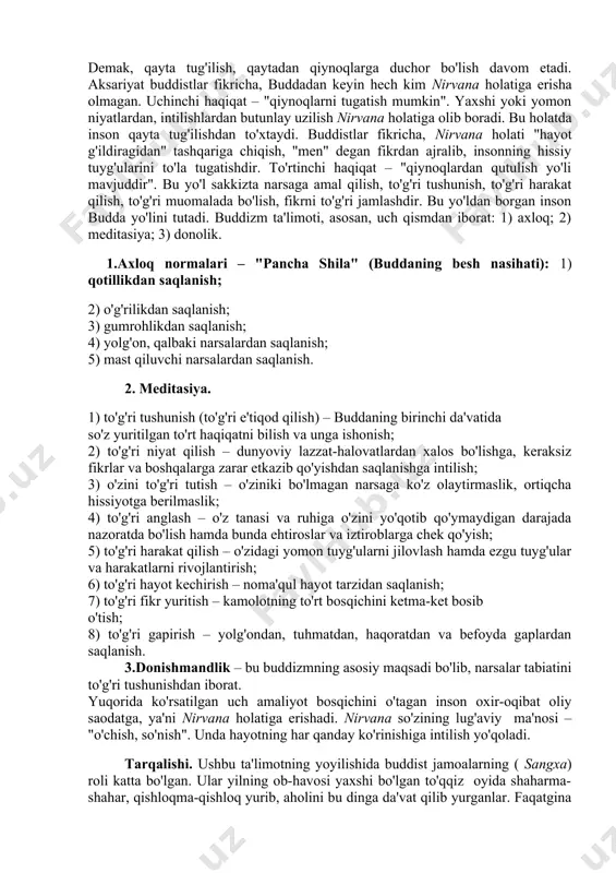 b, 13 marta savdogar, 18 marta maymun, 12 marta tovuq, 8 marta g'oz, 6 marta fil, shuningdek, baliq, qurbaqa, kalamush, quyon qiyofalarida qayta tug'ilgan. jami 550 marta qayta tug'ilgan. u doimo qaerda, qay qiyofada tug'ilishini o'ziga o'zi belgilagan. so'nggi marta uni xudolar insoniyatni to'g'ri yo'lga boshlashi uchun inson qiyofasida yaratganlar. bu afsonalarning ba'zilariga ko'ra, er yuzida gautamaga qadar 6 ta budda o'tgan. shuning uchun buddizmning ba'zi muqaddas joylarida 7 ta ibodatxona barpo etilgan. 7 ta bodxa daraxti o'tkazilgan. ba'zi afsonalar 24 ta budda avlodi o'tgan desa, ba'zilari minglab buddalar o'tgan deb da'vo qiladi. ta'limoti. buddizm qadimiy hind diniy-falsafiy ta'limotlari asosida vujudga kelgan, o'ziga xos nazariyot va amaliyotdan iborat bo'lgan diniy tizimdir. budda yangi diniy qonun-qoidalar, rasm-rusumlar ishlab chiqmagan, balki har bir inson tug'ilish va o'lim mashaqqatlaridan qutulishi uchun amal qilishi lozim bo'lgan bir necha ko'rsatmalarni ishlab chiqdi, xolos. uning ta'limoti insonning xayolida, ishlarida va o'zini tutishida samimiy oliyjanoblik g'oyasini ilgari …