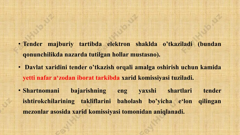 i qaytarib olishga yoki unga o’zgartishlar kiritishga haqli. tender ishtirokchilarining takliflarini ko’rib chiqish va baholash muddati takliflar berish tugagan paytdan e‘tiboran qirq besh ish kunidan oshishi mumkin emas. agar taklif qonunning va tender bo’yicha xarid qilish hujjatlarining talablariga muvofiq kelsa, u tegishli tarzda rasmiylashtirilgan deb topiladi. agar taklifni kiritgan tender ishtirokchisi qonunda belgilangan talablarga mos kelmasa yoki tender ishtirokchisining taklifi tegishli tarzda rasmiylashtirilmagan bo’lsa, shuningdek tender bo’yicha xarid qilish hujjatlari talablariga muvofiq kelmasa, xarid komissiyasi taklifni rad etadi. 3. tender natijalari bo’yicha shartnoma tuzish tender natijalari bo’yicha shartnoma tender bo’yicha xarid qilish hujjatlarida va shartnoma tuzilayotgan tender ishtirokchisi tomonidan berilgan taklifda ko’rsatilgan shartlar asosida tuziladi. g’olib shartnoma tuzishdan bosh tortgan taqdirda unga zakalat summasi qaytarib berilmaydi. agar xarid komissiyasi tomonidan zaxiradagi g’olib aniqlangan bo’lsa, shartnoma tuzish va unga doir majburiyatlarni bajarish huquqi zaxiradagi g’olibga o’tadi. bunda zaxiradagi g’olib g’olib tomonidan taklif etilgan narxda shartnoma tuzadi yoki shartnoma tuzishdan bosh tortishi …