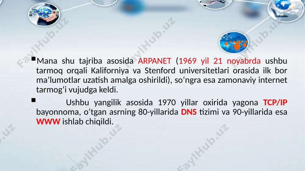 magan, bir xil mavqega ega kompyuter tarmoqlari; tarqatilgan (distributed) tarmoqlar: serverlar tarmoq foydalanuvchilariga xizmat ko‘rsatadi, biroq tarmoqni boshqarmaydi. chekli sondagi foydalanuvchilarning har biri o‘z serveriga “mijoz-server” sxemasi bo‘yicha ulanadi; server (server based) yoki markazlashgan boshqarishga ega tarmoqlar: tarmoqning bosh elementi serverdir. qolgan tugunlar serverning resurslaridan foydalanishi mumkin. kompyuter tarmoqlarining tushunchasi va turlari 4) tarmoq operatsion tizimlarini ishlatish bo‘yicha (tarmoq ot): ´ gomogenli – hamma tugunlarda bir xil yoki yaqin operatsion tizimlardan foydalaniladi (masalan, windows ot tarmog‘i); ´ geterogenli – bir vaqtning o‘zida bir nechta tarmoq operatsion tizimlar ishlatiladi (masalan, novell netware va windows). kompyuter tarmoqlarining tushunchasi va turlari tаrmоqlаr оpеrаtsiоn sistеmаlаrining ro’yхаti оpеrаtsiоn tаrmоq ishlаb chiqаruvchi apple talk apple lan tastic artisoft net ware novell net ware line novell personal net ware novell nfs sun microsyctems os2 lan manager microsoft os2 lan server ibm windows nt advanced server microsoft power fusion performance technology power lan performance technology vines banyan alohida …