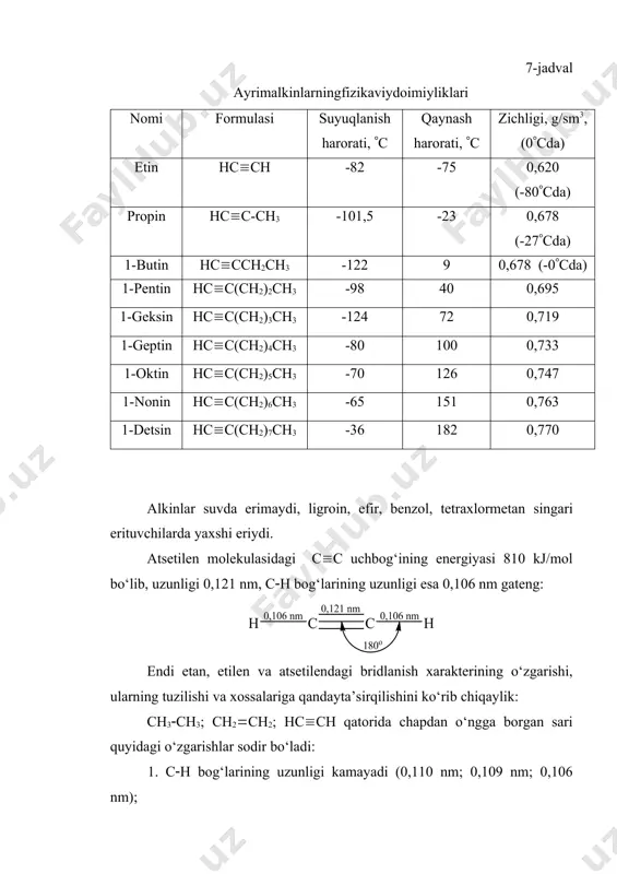 va monoalkilatsetilenlarning kislota xossasini namoyon qilishiga olib keladi: kimyoviy xossalari alkinlar birikish, oksidlanish, qaytarilish, polimerlanish, o‘rinolish, izomerlanish va boshqa reaksiyalarga kirishadi. birikish reaksiyalari gidrogenlash. alkinlarkatalizatorlar (pt, pd, ni) ishtirokida vodorodni alkenlarga nisbatan oson biriktiradi. reaksiya ikki bosqichda boradi: qaytarishning turli usullaridan foydalanib, jarayonni stereoselektiv amalga oshirish mumkin. lindlar katalizatori pb(ch3coo)2 bilan zaharlangan pd/caco3 ishtirokida faqat uch bog‘ gidrogenlanadi va vodorod sis-holatga birikadi. natriy yoki litiy bilan suyuq ammiakda qaytarganda esa trans-birikish boradi: galogenlash. alkinlarni galogenlash alkenlarni galogenlashga nisbatan sekin boradi. masalan, atsetilen sirka kislotada ikki bosqichda bromlanadi: reaksiya elektrofil birikish (ade) mexanizmi bo‘yicha uch bosqichda boradi. 1-bosqichda -kompleks hosil bo‘ladi. sekin boradigan va reaksiyaning umumiy tezligini belgilaydigan 2-bosqichda -kompleks ko‘prikchali bromireniy kationiga qayta guruhlanadi. 3-bosqichda brom anioni bromireniy kationiga birikadi. bromid –ion bromireniy kationida gibromga asosan qarama-qarshi bo‘lgan tomondan hujum qiladi va natijada anti-birikish amalga oshadi: bromli suvning rangsizlanishi uch bog‘ga sifat reaksiyasi hisoblanadi. gidrogalogenlanish. alkinlar alkenlarga nisbatan sekin gidrogalogenlanadi. …