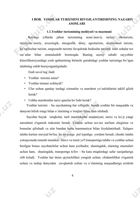 . kurort, dengiz, kuni bo`yi o`yin-kulgi va qiziqarli yangi tanishuvlar - deyarli har bir yosh insonning tabiiy hayot ritmidir. turizm industriyasi – bu mehmonxonalar va joylashtirish vositalari, transport vositalari, umumiy ovqatlanish ob’ektlari, ko‘ngil ochish ob’ektlari va vositalari, bilim orttirish, davolash, sog‘lomlashtirish, sportga doir, diniy-marosimchilik, ishbilarmonlikka va boshqa maqsadlarga molik vositalar, turizm operatorlari va turizm agentligini amalga oshiruvchi, shuningdek, turistik-ekskursiya va gidtarjimonlik xizmatlarini taklif qiluvchi tashkilotlar majmuidir. o‘zbekiston respublikasining «turizmto‘g‘risida»gi qonun daturistik industriya tushunchasi quyidagi tarzda ta’riflanadi: turistik industriya-turistik faoliyatning turistlarga xizmat ko‘rsatishini ta’minlovchi turli sub’ektlar (mehmonxonalar, turistik komplekslar, kempinglar, motellar, pansionatlar, umumiy ovqatlanish, transport korxonalari, madaniyat, ekport muassasalari va boshqalar) majmui. bundan kelib chiqib turizm industriyasiga turoperatorlik va turagentlik tashkilotlari, turistlarni tashuvchi, mehmonxonalar va joylashtirish tizimining boshqa korxonalari, umumiy ovqatlanish, attraksionlar va ko‘ngilochar joylari, shuningdek, ular qatoriga bank sohasidagi muassasalar, sug‘urta xizmati va boshqalar kiradi. turizmning maxsus turlarida davolash muassasalari, o‘qitish tizimi muassasalari hamda aniq turistik mahsulotning maqsadlariga muvofiq keladigan …