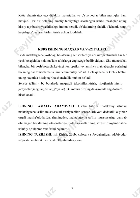 azifasini bajaradi. ishning tuzilishi: ish kirish, 2bob, xulosa va foydalanilgan adabiyotlar ro’yxatidan iborat. kurs ishi 30 sahifadan iborat. i bob. maktabgacha ta'lim tashkilotlarida ta'lim shakli 1.1 maktabgacha ta`lim tashkiloti va maktab hamkorligi mamlakatimizda mustaqillik yo`lidagi ilk qadamlardanoq jamiyatning barcha sohalarini qamrab olgan siyosiy va iqtisodiy tub islohotlar amalga oshirila boshlandi. ta`lim sohasida jumladan uning birinchi pog`onasi hisoblanmish maktabgacha ta`lim sohasida ham katta o`zgarishlar qilinmoqda. isloh etish jarayonida bolalarga ta`lim va tarbiya berish vazifalari, mazmuni, shakl va uslublari, shuningdek pedagogika fani taraqqiyotining ustivor yo`nalishlari qamrab olinmoqda. bugungi maktab bolasidan aniq bilimlargina emas, fikrlash ko`nikmasi, kattalar hamda sinfdosh o`rtoqlarini tushunish, ular bilan hamkorlik qilish talab etiladi. shuning uchun bolaning maktabga qadam qo`yayotganida nechog`li bilimga ega ekanligi emas, balki uning yangi bilimlarni egallashga tayyorligi, atrof olamga moslashish ko`nikmasi, voqea-hodisani mustaqil ravishda tahlil etishi muhimroq hisoblanadi. bolani biror narsaga o`rgatishgina emas, unda o`z kuchiga ishonchni orttirish, o`z g`oyasini himoya qilish, mustaqil ravishda bir qarorga …