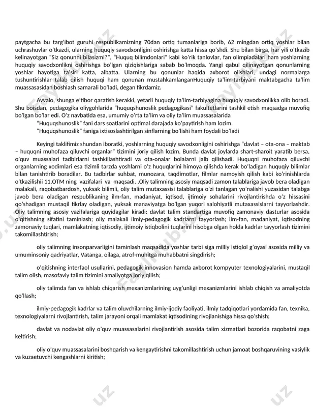 ngi va madaniyati yuksak yoshlar hal qiluvchi rol o’ynaydi. bunga esa huquqiy savodxonlikni oshiribgina erishishimiz mumkin. qisqasini aytganda, “faqat chuqur o’ylangan va tezkor davlat siyosatigina yoshlarning huquqiy madaniyatini ko’tara oladi va ularning huquqiy ongi darajasini yuksaltirishga yordam beradiyoshlarning huquqiy savodxonligini oshirish yo’lida mustaqillik davrida qator tadrijiy islohotlar amalga oshirildi. yuqorida ta’kidlanganidek, yoshlarning huquqiy savodxonligini oshirish maqsadida bir qancha qonun va qonunosti hujjatlari qabul qilindi. bular sirasiga “yoshlarga oid davlat siyosati to’g’risida”gi qonun, o’zbekiston respublikasi oliy majlisining “jamiyatda huquqiy madaniyatni yuksaltirish milliy dasturi”, o’zbekiston respublikasi prezidentining “yoshlarga oid davlat siyosati samaradorligini oshirish va o’zbekiston yoshlar ittifoqi faoliyatini qo’llab-quvvatlash to’g’risida”gi hamda “o’zbekiston respublikasi konstitutsiyasini o’rganishni tashkil etish to’g’risida”gi farmonlari, vazirlar mahkamasining “yoshlarning huquqiy ta’limini takomillashtirish kompleks dasturi to’g’risida”gi qarori kabilarni kiritish joiz. bu qonun hujjatlarining ijrosi sifatida qator amaliy ishlar qilinmoqda. masalan, adliya vazirligi huzurida 2009-yilda tashkil etilgan yosh huquqshunoslardan iborat “huquqiy targ’ibot guruhi” faoliyati e’tirofga loyiq. ma’lumot o’rnida keltirish joizki, shu …