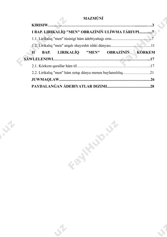 sezimlerin tereń seziniwge hám ómirge ruwxıy kózqaras penen qarawǵa imkaniyat beredi. sonıń ushın da bul tema tek ádebiyattanıw emes, al psixologiya, ruwxıylıq hám mádeniyat tarawlarında da úlken áhmiyetke iye. lirikalıq "men" obrazin úyreniw arqalı shayırdıń jeke dúnyası menen tanısıw, onıń ómirlik filosofiyası hám jámiyetke bolǵan múnásibetin túsiniw múmkin boladı. bul bolsa jas áwladtı tárbiyalaw, olardı ruwxıy jaqtan bayıtıw hám ádebiyat arqalı insanıylıq qádiriyatlardı qáliplestiriw ushın úlken áhmiyetke iye. solay etip, shawdırbay seytov poeziyasındaǵı lirikalıq "men" obrazin úyreniw búgingi kún ushın áhmiyetli bolıp, onıń kórkemlik hám ruwxıy áhmiyetin jarıtadı. prezidentimizdiń sózleri menen aytqanda, hár bir insan óziniń ishki dúnyasın ańlaw arqalı joqarı mánawiyatqa erise aladı hám kórkem shıǵarmalar, atap aytqanda shayırlardıń lirikalıq "men" obrazları bul jolda áhmiyetli dárek bolıp esaplanadı. kurs jumısımızdıń obekti: shawdırbay seytov poeziyasında lirikalıq "men" obrazınıń ádebiy hám kórkemlik sáwleleniwi, onıń ishki ruwxıy keshirmeleri hám sezimleri obekt sıpatında tańlanadı. kurs jumısımızdıń predmeti: lirikalıq "men" obraziniń qáliplesiwi, onıń shayırdıń …