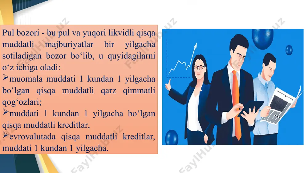 aniyalari. jahon valyuta bozorlariga eng katta ta’sir ko‘rsatuvchi tashkilotlar: aqsh markaziy banki federal rezerv tizimi (us federal zaxira yoki qisqacha fed); germaniya markaziy banki- bundesbank (deutsche bundesbank); buyuk britaniya-angliya banki (bank of england old lady deb ham ataladi). mustaqil tayyorgarlik uchun savollar: 1.pul bozori tushinchasiga izoh keltiring. 2. pul bozori o‘z ichiga nimalarni kiritgan? 3. pul bozorining xususiyatlarini sanab o‘ting. 4. pul bozori ob’ektlari nima va sub’ektlari kimlar? 5. kapital bozoriga izoh bering. 6. kapital bozorda birlamchi va ikkilamchi bozorlar tushinchasiga izoh keltiring. 7. valyuta bozori moliya bozorining ajralmas qismi sifatida nimalardan iborat? 8. valyuta bozorining subyektlari kimlar va ob’ekti nima? 9. valyuta bozorlari qanday funktsiyalarni bajaradi? e’tiboringiz uchun tashakkur!