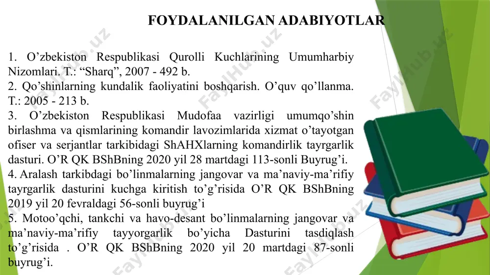 atidir. doimiy harbiy xozirlikka kuyidagilarga asosan erishiladi: - yuklatilgan vazifani to‘gri anglash, barcha shaxsiy tarkibiing harbiy bilimi, dushman tomonidan qurolarning barcha turlari ko‘llanganda jangovar harakatlarga tayyor turishi; - shaxsiy tarkibniig yuqori siyosiy-ruxiy xolati, intizomi xushyorligi; - bo‘linmalariing jang olib borish uchun barcha ashyolar bilan ta’minlanganligi; - qurol aslaxa va texnika, tezlik bilan ishlatilishga, shaxsiy tarkib esa oldiga ko‘ygan vazifani bajarishga shay turishi; - moxirona boshkaruv va jangni ta’minlovchi tadbirlarii o‘tkazish. b) "kuchaytirilgan" harbiy tayyorlik joriy etilganda bo‘linma va qismlarda quyidagi chora - tadbirlar amalga oshiriladi: -bo‘linmalar doimiy joyida kolgan xolda yashirin choralarni ko‘rib, jangovar tayyorgarlikni kuchaytiradi; - xabar beriladi va boshliqlar yigiladi; - bo‘linma va qismlarda kechasi va kunduzi raxbarlardan navbatchilik tashkil etiladi; - urush payti safarbarlik rejalari aniqlanadi; - himoya bo‘yicha ortish va tushirish komandalarining xisobi (raschyoti) va inshoatlardagi pana joylarni egallash tartibi aniklanadi; - shaxsiy himoya vositalarining etishmagani bo‘lsa, berishga tayyorlanadi; - asosiy va zaxiradagi rayonlar, yo‘nalishida shaxarchalar …