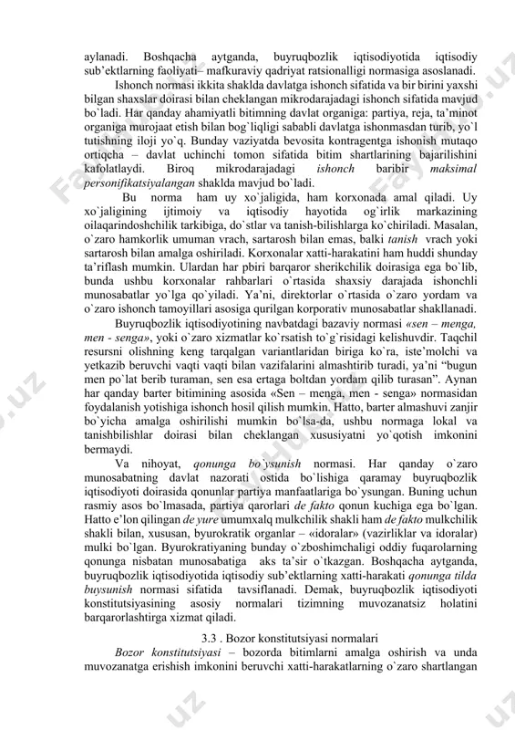 klar, ovoragarchiliklar, janjallar (nizolar) tufayli kelib chiqqan yuqori ruhiy kechinmalar bilan cheklandi. buyruqbozlik tizimining bu tavsifi «sabr chegarasi» tushunchasi bilan ham izohlanadi. sabr chegarasi deganda nizolar va keskinliklar jamlanishining undan keyin iqtisodiy agentlar shikoyat qila boshlaydigan va norozilik namoyish etadigan darajasi tushuniladi. shunday qilib, buyruqbozlik iqtisodiyotining birinchi normasi oddiy va cheklangan utilitarizmdan iborat. buyruqbozlik iqtisodiyoti normalari tizimining ikkinchi unsuri to`liqsiz ratsional faoliyat bilan izohlanadi. bunda, birinchi navbatda axborotning cheklanganligi va to`liqsizligi bilan shartlangan to`liqsiz ratsionallik tushuniladi. iqtisodiy agentlar erkin shakllanmagan narx va taqchil resurslar sharoitida narxlardagi mavjud axborotni narxga taalluqli bo`lmagan – zahiralar hajmi, navbatlarning uzunligi va hokazolar haqidagi ma’lumotlar bilan to`ldiradilar. natural ko`rsatkichlarda axborot olish esa, hamma vaqt uni yig`ish bilan bog`liq yuqori darajadagi xarajatlarni keltirib chiqaradi. natijada tizimda «nizo», ya’ni sotuvchilar va xaridorlar pozitsiyalarini muvofiqlashtirishda kechikishlar paydo bo`ladi. nizo prognozlardagi xatolar, manfaatdor shaxsda boshqa sub’ektlarning holati va maqsadlari to`g`risida axborotning mavjud emasligi, manfaatdor shaxsning qaror qabul qilishdagi beqarorligi, …