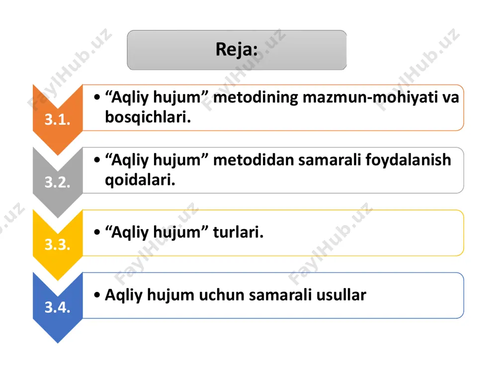 o`z fikr-mulohazalarini bildirishadi. 3. xodimlarning fikr-g`oyalari (videotasmaga, rangli qog`ozlarga yoki doskaga) to`planadi. 4. fikr-g`oyalar ma’lum belgilar bo`yicha guruhlanadi. 5. yuqorida qo`yilgan savolga aniq va to`g`ri javob tanlab olinadi. c) bildirilgan fikr- g`oyalarni to`ldirish va yanada kengaytirish mumkin. b) bildirilgan har qanday fikr- g`oyalar, ular hatto to`g`ri bo`lsa ham, inobatga olinadi. a) bildirilgan fikr-g`oyalar muhokama qilinmaydi va baholanmaydi. «aqliy xujum» metodini qo`llashdagi asosiy qoidalar “b iz q an da y ha l q ili sh im iz m um ki n? ” metoddan samarali fоydalanish maqsadida quyidagi umumiy qоidalarga amal qilish lоzim: - oʻzlarini erkin his etishlariga sharоit yaratib berish; - gʻоyalarni yozib bоrish uchun yozuv taxtasi yoki varaqlarini tayyorlab qoʻyish; - muammо(yoki mavzu)ni aniqlash; - lоzim boʻlgan sharoitlarni belgilash; - bildirilayotgan gʻоyalarning ularning mualliflari tоmоnidan asоslanishiga erishish; - qоgʻоz varaqlari gʻоya (yoki fikr)lar bilan toʻlgandan soʻng yozuv taxtasiga оsib qoʻyish; - bildirilgan fikrlarni yangi gʻоyalar bilan bоyitish asоsida ularni quvvatlash; …