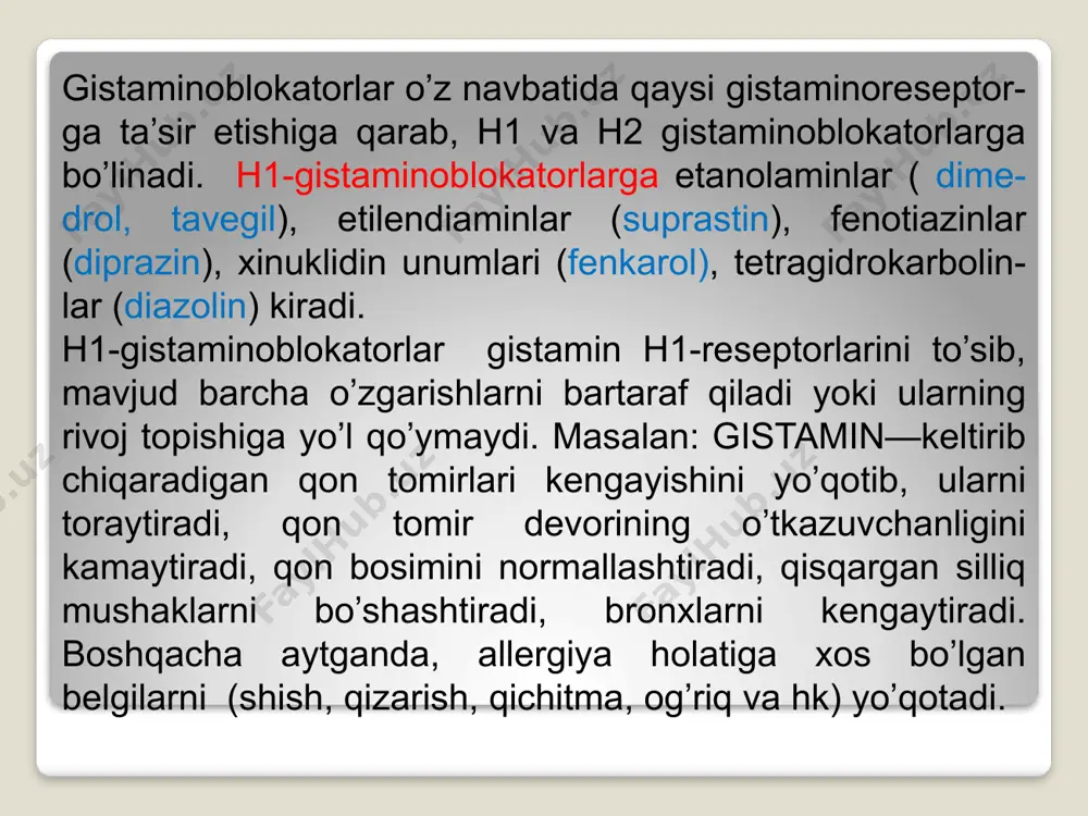 ng faolligi zaiflashadi, degan fikrlar bor. kalsiy preparatlari ham (kalsiy xlorid,kalsiy glyukonat va b) qon tomiri o’tkazuvchanligini kamaytirgani uchun allergik holatlarda kor qiladi. bular ham ko’proq allergiyaning sekin rivojlanadigan shakllarida ishlatiladi. allergiyaning sekin ri- vojlanuvchi shaklida, asosan, immunobiologik tizim faoli- tini susaytiruvchi, sitostatik preparatlar—immunodepres- santlar qo’llanilishi mumkin. aller-dji----0,01 g dan tabl. holida chiqariladi. 2-6 yoshda ¼, ertalab yoki kechqurun; 6-12 yoshda ½ ertalab yoki kechqurun; 12 yoshdan keyin 1 tq tab ertalab. nojo’ya ta’siri: bosh og’riydi, aylanadi, ko’ngil aynishi , dia- reya, eshakyemi va shishlar hamda hansirash. qo’llash m-n bo’lmagan holatlar: yuqori sezuvchan organizmga, emizikli ayollarga, homoladorlarga. zodak---100ml dan fl. chiqariladi. bolalarga shifokor ko’r- satmasiga ko’ra beriladi. nojo’ya ta’siri: bosh og’riydi, aylanadi, ko’ngil aynishi , dia- reya, eshakyemi va shishlar hamda hansirash. qo’llash m-n bo’lmagan holatlar: yuqori sezuvchan organizmga, emizikli ayollarga, homoladorlarga. zirtek---100ml dan fl. chiqariladi. bolalarga shifokor ko’r- satmasiga ko’ra beriladi. nojo’ya ta’siri: bosh og’riydi, aylanadi, ko’ngil aynishi , …
