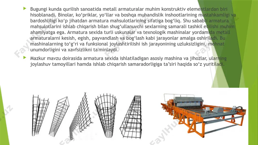 voridan chiqib turgan kran, g‘ildirakli maxsus qutilar, uzatuvchi aravachalar, elektr yuritgichli arava yoki maxsus qutilar yordami bilan qoliplash sexiga uzatish; siquvchi qaychilar, zichlovchilar, parmalash va egish dastgohlari yordami bilan payvandlanadigan to‘lg‘azma qismlarni tayyorlash; qum purkagich apparatlar va zanglashga qarshi alyuminiy yoki rux qoplamalar o‘rnatib yoyli payvandlash. qoplamalar birma-bir olib kelinib, issiq chang purkagich yoki galvanik uslubda qoplanadi. zo‘riqtirilgan armaturalarni tayyorlashda birinchi uchta amallar zo‘riqtirilmagan armaturalarni tayyorlash amallari bilan mos keladi. biroq o‘ramlardan iborat po‘lat, qoida muvofiq to‘g‘rilab qirqish dastgohlarida qayta ishlov berilmaydi, ular armatura o‘zaklari chiviqlarining uzunligi bo‘yicha berilgan aniqlikni ta’minlovchi maxsus qatorlarda qayta ishlov beriladi. boshqa amallar quyidagicha: armatura o‘zagi boshini biriktiradigan xalqasini tushirish yoki boshqa biriktiradigan xalqani tayyorlash; elektr termik yoki gidravlik ko‘targichlar yordami bilan armaturalarni taranglash; gazli qirqish yoki disklari aylanishli mashina yordami bilan beton qotishidan keyin armaturalarning oxirini qirqish. ba’zi bir hollarda po‘latning mexanik tavsiflarini oshirish uchun uni maxsus mashinalar yoki gidravlik ko‘targichlar bilan jihozlangan maxsus …
