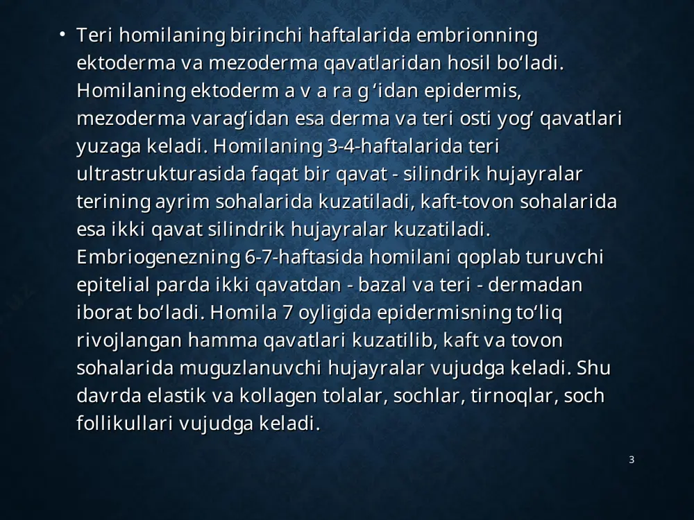 * tugun (nodus) – do’mboqchadan kattaroq teri sathidan ko’tarilib turuvchi, bo'shliqsiz birlamchi proliferativ element. tugunning xususiyatlari: * * qabarchiq (urtica) – bo'shliqsiz birlamchi ekssudativ element qabarchiqning xususiyatlari: * * pufakcha (vesicula) – shaffof tarkibga ega bo'lgan ekssudativ bo'shliqli birlamchi element. pufakchaning xususiyatlari: * * pufak (bulla) – shaffof tarkibga ega bo'lgan ekssudativ bo'shliqli birlamchi element pufakning xususiyatlari: * yiringcha (pustula) – serroz-yiringli ekssudatsaqlaydigan birlamchi bo’shliqli morfologik element. * yiringchaning xususiyatlari: * pustula (yiringcha) * ikkilamchi morfologik elementlar pigmentli dog’ qipiqlanish qobiqcha yoriq eroziya yara ekskoriatsiya chandiqlanuvchi atrofiya chandiq lixenifikatsiya vegetatsiya * pigmentli dog’ – teridagi birlamchi morfologik elementlarning echimi natijasida paydo bo'ladigan pigment o’zgarishi. * qipiqlanish (squama) – terining muguz qavatining ajralishi * ekskoriatsiya(excoriatio) – terining qichitish natijasida hosil bo’lgan chiziqli eroziyalar. * ekskoriatsiyaning xususiyatlari: * * eroziya, shilinish (erosio) - teri, shilliq pardalar yoki lab qizil hoshiyasining yuza, epidermisdagi yuzaki defekti hisoblanib, shu sababli ular izsiz bitadi. eroziya birlamchi …