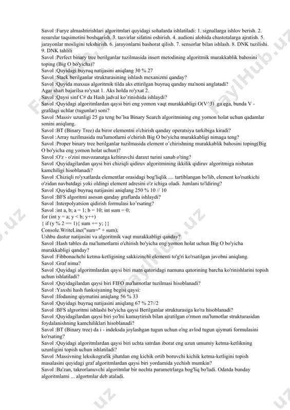 } while (i =1 takrorlash boshlanish s1=s1+i; i=i-1 tamom; chiqarish s1; tamom. 2-algoritm: boshlanish i=100, s2=1; toki i>1 takrorlash boshlanish s2=s2*i; i=i-1 tamom; chiqarish s2; tamom. birinchi va ikkinchi algoritm bajarilishi natijasida mos ravishda s1 va s2 qiymatlar hosil qilinadi. s1 va s2 o'rtasida quyidagi keltirilgan munosabatlardan qaysi biri bajariladi? savol :abstrak berilganlar turlari u saqlaydigan ... va uning ustida bajarish mumkn bo'lgan ... bilan aniqlanadi. savol :grafda o'z -o'ziga bog'langan qirrani nima deb ataladi? savol :public int metod() { if (isempty()) { console.writeline(""); return 1; } return arr[top--];} ushbu dastur kodi stek uchun qanday metod hisoblanadi? savol :quyidagi grafning qo’shnilik matrisasini tuzing. savol :public void metod(int x) { if (isfull()){ console.writeline(""); } console.writeline("" + x); arr[++top] = x; } ushbu dastur kodi stek uchun qanday metod hisoblanadi? savol :muammoning yechimlari nechta bo'ladi? savol :biror masala yechimini aniqlash algoritmining birinichi bosqichi qanday nomlanadi? savol :graflar nimalardan tuzilgan? savol :quyidagi dastur …