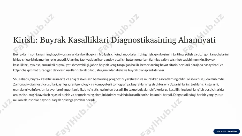 bo‘lib, taxminan 10-12 sm uzunlikda, 5-6 sm kenglikda va 3-4 sm qalinlikda bo‘ladi. ularning asosiy vazifasi – qondan chiqindi moddalarni filtrlash va siydik hosil qilish orqali organizmning ichki muhitini (gomeostaz) saqlashdir. anatomiya: kortex (po‘stloq qavati): tashqi qism bo‘lib, unda qonni filtrlash uchun javobgar bo‘lgan nefronlar (buyrakning funksional birliklari) joylashgan. medulla (mag‘iz qavati): ichki qism bo‘lib, piramidalardan iborat. bu yerda siydik yig‘ilib, buyrak jomiga o‘tadi. buyrak jomi: siydik yig‘iladigan va siydik naylariga o‘tadigan bo‘shliq. siydik naylari: buyrak jomidan siydikni qovuqqa yetkazuvchi naychalar. fiziologiya: filtratsiya: qon buyraklarga kirib, glomeruluslarda filtrlangan suyuqlikni (birlamchi siydik) hosil qiladi. reabsorbtsiya: birlamchi siydikdan kerakli moddalar (suv, glyukoza, aminokislotalar) qon tomirlariga qaytariladi. sekretsiya: qoldiq chiqindi moddalar va ortiqcha ionlar siydikka chiqariladi. gormonal funksiyalar: eritropoetin (qon ishlab chiqarishni rag‘batlantiruvchi), renin (qon bosimini tartibga soluvchi) va kaltsitriol (d vitamini faol shakli) gormonlarini ishlab chiqaradi. buyraklar qonni soatiga taxminan 100-120 litr hajmda filtrlash qobiliyatiga ega bo‘lib, bu ularning tanadagi tozalash tizimining …