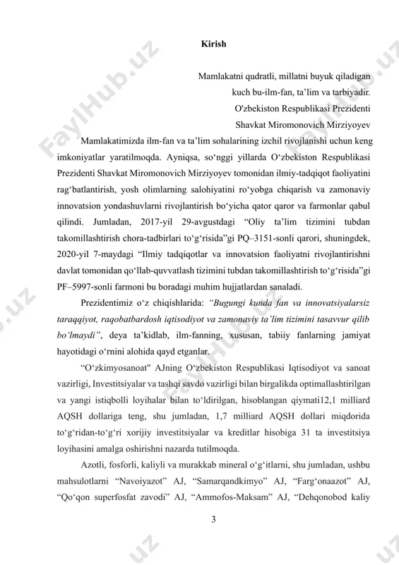 allashtirilgan va yangi istiqbolli loyihalar bilan to‘ldirilgan, hisoblangan qiymati12,1 milliard aqsh dollariga teng, shu jumladan, 1,7 milliard aqsh dollari miqdorida to‘g‘ridan-to‘g‘ri xorijiy investitsiyalar va kreditlar hisobiga 31 ta investitsiya loyihasini amalga oshirishni nazarda tutilmoqda. azotli, fosforli, kaliyli va murakkab mineral o‘g‘itlarni, shu jumladan, ushbu mahsulotlarni “navoiyazot” aj, “samarqandkimyo” aj, “farg‘onaazot” aj, “qo‘qon superfosfat zavodi” aj, “ammofos-maksam” aj, “dehqonobod kaliy zavodi” mchj negizida, shuningdek, sirdaryo viloyatining yangiyer shahri va navoiy viloyatining tomdi tumanida ishlab chiqarish bo‘yicha amaldagi quvvatlarni modernizatsiya qilish, kengaytirish hamda energiya jihatidan samarador yangi quvvatlarni barpo etish yo‘lga qo‘yilmoqda. kurs ishi dolzarbligi: ideal gaz qonunlari zamonaviy ilm-fan va texnikaning ko‘plab sohalarida, xususan, kimyo, fizika, muhandislik va tibbiyotda keng qo‘llaniladi. gazlarning xatti-harakatlarini tushunish issiqlik mashinalari, aviatsiya, atmosfera hodisalari va sanoat jarayonlarini to‘g‘ri boshqarish uchun muhimdir. bugungi kunda gazlar bilan bog‘liq texnologiyalarni rivojlantirish, ekologik muammolarni hal etish va energetika sohasida yangi yechimlar topish uchun ideal gaz qonunlarini chuqur o‘rganish dolzarb ahamiyat …