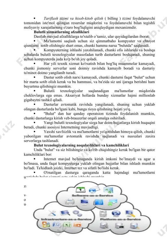 alar va bulutli hisoblash bulutli provayder tomonida kompyuter tarmog'i tugunlarining kelishilgan holda ishlashini ta'minlash uchun uskunalar va dasturlarning holatini kuzatish, yuklarni muvozanatlash va muammoni hal qilish uchun manbalar bilan ta'minlash uchun ixtisoslashgan bog’lovchi dasturlardan foydalaniladi . bulutli xizmatlar - bu maksimal avtomatizmni ta'minlash va kompleksda odamlarning ishtirokini minimallashtirish uchun o'zaro birlashtirilgan mavjud texnologik echimlar to'plamidir. siz "bulut" xizmatini klassik xizmatdan ajratib turadigan asosiy bloklarni ajratib ko'rishingiz mumkin : · o'z-o'ziga xizmat ko'rsatish portali - bu foydalanuvchi konfiguratsiya tafsilotlarini aniqlashtirish bilan o'zi uchun oldindan belgilangan xizmatga buyurtma beradigan, oldindan buyurtma qilingan xizmat parametrlarini o'zgartirigan yoki rad etadigan vositadir (masalan, iaas holatida, virtual mashina, kerakli operativ xotira miqdorini, protsessor yadrolarining sonini, disk bo'shlig'ini va boshqalarni ko'rsatishi mumkin). · xizmat katalogi - foydalanuvchiga taqdim etiladigan xizmatlarning ro'yxati va ularni har bir xizmat bilan bog'liq shakllari, ya'ni avtomatlashtirish vositalari ushbu xizmatni haqiqiy apparat va dasturiy ta'minotda sozlaydigan qoidalar. · tariflash tizimi va hisob-kitob qilish …