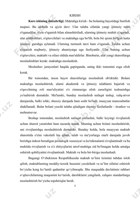 r shakllanadi. bular bolani yaxshi talaba qiladigan shaxsiy fazilatlardir - itoatkor va mehnatsevar. boshqa tomondan, moslashish nafaqat sozlashni, balki keyingi rivojlanish uchun sharoit yaratishni ham nazarda tutadi. shuning uchun bolani moslashtirish, uni rivojlanishga moslashtirish demakdir. bunday holda, bola muayyan maktab sharoitida o'zini vakolatli his qiladi, talab va me'yorlarga etarli darajada javob berishga imkon beradigan psixologik xususiyat va ko'nikmalarni rivojlantiradi va bu muhitda rivojlanish va o'z ehtiyojlarini atrof-muhitga zid bo'lmagan holda amalga oshirish qobiliyatini rivojlantiradi. maktab va bola bir-biriga moslashadi. bugungi o‘zbekiston respublikasida maktab ta’limi tizimini tubdan isloh qilish, maktablarning moddiy-texnik bazasini yaxshilash va ta’lim sifatini oshirish bo‘yicha keng ko‘lamli qadamlar qo‘yilmoqda. shu maqsadda davlatimiz rahbari o‘qituvchilarning maqomini ko‘tarish, darsliklarni yangilash, xalqaro standartlarga moslashtirish bo‘yicha topshiriqlar berdi. masalan, prezident shavkat mirziyoyev o‘qituvchilarni yangi metodlar bilan ishlashga chaqirib shunday degan: “agar biz maktablarda o‘qitish metodologiyasini o‘zgartirmasak, ta’lim sifati ham o‘zgarib qolmaydi.”[footnoteref:1] [1: https://president.uz/en/lists/view/3924?utm_source] shuningdek, davlat rahbari maktabgacha va maktab ta’limi uchun ajratilgan …