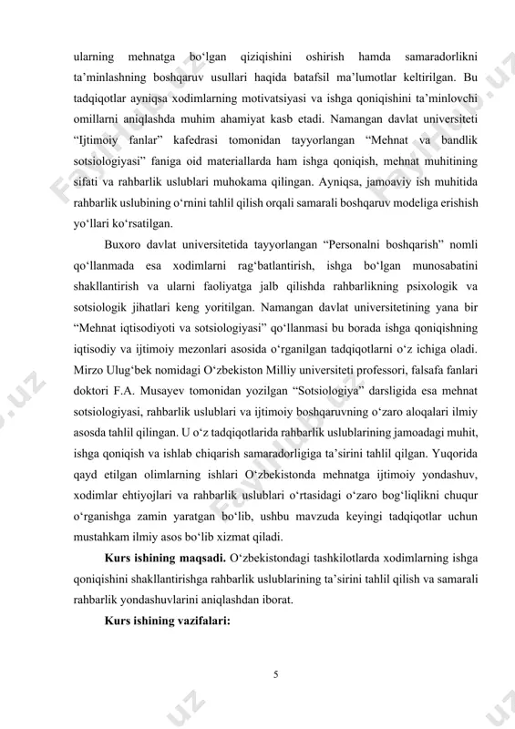ining ish samaradorligiga qanday ta’sir ko‘rsatishini o‘rganish. · xodimlar bilan munosabatlarni yaxshilash uchun menejment strategiyalarini ishlab chiqish. kurs ishining predmeti. o‘zbekistondagi tashkilotlarda xodimlarning ishga qoniqish darajasini shakllantirishda rahbarlik uslublarining o‘rni va ta’siri. kurs ishining obyekti. o‘zbekistondagi tashkilotlardagi rahbarlar va xodimlar o‘rtasidagi munosabatlar, rahbarlik uslublari va ishga qoniqish darajasi. kurs ishining tuzilishi: kirish, 2 ta bob, umumiy xulosa va foydalanilgan adabiyotlar ro‘yxatidan iborat. i-bob. xodimlarning ishga qoniqishi: mohiyati, omillari va ahamiyati 1.1. ishga qoniqish tushunchasi va uning asosiy omillari ishga qoniqish, odatda, xodimlarning o‘z ishlariga nisbatan qanday his-tuyg‘ular va munosabatlarga ega ekanligini aks ettiruvchi psixologik holat sifatida tasniflanadi. bu tushuncha, xodimning ish joyidagi sharoitlaridan, rahbariyat bilan munosabatlardan, o‘z vazifalarini bajarayotganda qabul qilgan rag‘batlantirish va tan olinganlikdan qanday baho olishiga qadar keng qamrovli omillarga asoslanadi. xodimning ishga qoniqishi, uning ishdagi motivatsiyasi, samaradorligi, ishlab chiqarishdagi ishtiroki va tashkilotga bo‘lgan sadoqatiga bevosita ta’sir qiladi. ishga qoniqishning asosiy omillari ish joyidagi umumiy sharoitlar, rahbariyat bilan …