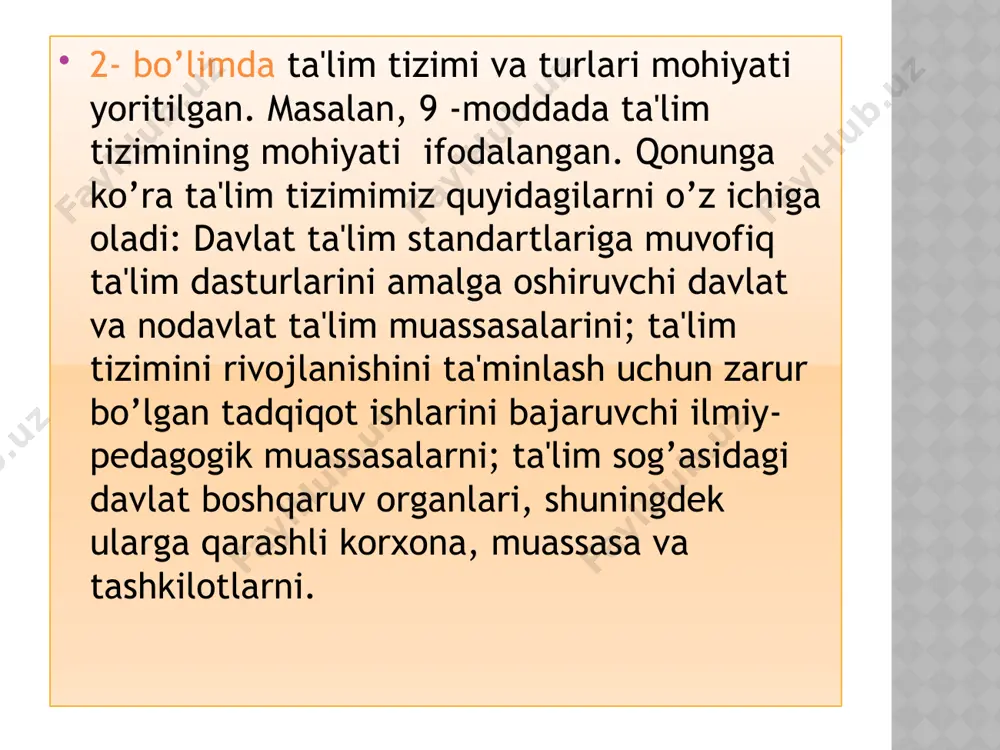 kazilishini hamda mohiyati va ahamiyati aholi o‘rtasida tushuntirilishini ta’minlasin. 74-modda. qonun hujjatlarini ushbu qonunga muvofiqlashtirish o‘zbekiston respublikasi vazirlar mahkamasi: hukumat qarorlarini ushbu qonunga muvofiqlashtirsin; davlat boshqaruvi organlari ushbu qonunga zid bo‘lgan o‘z normativ-huquqiy hujjatlarini qayta ko‘rib chiqishlari va bekor qilishlarini ta’minlasin. 75-modda. ushbu qonunning kuchga kirishi ushbu qonun rasmiy e’lon qilingan kundan e’tiboran kuchga kiradi. tarixiy manbalardan ma’lumki, markaziy osiyo hududidagi madrasa va masjidlarda, eski usuldagi maktablarda diniy ta’lim-tarbiya, yetakchi o’rinni egallagan. bu bejiz emas albatta. inson, ayniqsa, yosh bola yuksak axloq va odob mezonini bilmay va uni puxta egallamay turib, boshqa ilmlarni egallashi qiyin. bu asrlar davomida ota-bobolarimiz tomonidan qancha-qancha tajribalar asosida sinalgan haqiqatdir. shu o’rinda eski o’quv yurtlarida tillar o’rganishga bo’lgan e’tiborni misol qilib ko’rsatish mumkin. al-xorazmiy, al-zamaxshariy, al-beruniy, ibn sino, ulug’bek, a.navoiy, muhammad solih, ogohiy kabi ulug’ zotlar arab, fors va boshqa tillarni qunt bilan o’rganishgan va o’sha tillarda erkin ijod qilishgan. musulmon maktablarida ta’lim-tarbiya tizimi ikki …