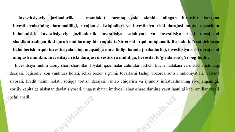 asini aniqlash borasidagi qobiliyatini kamaytiradi. agar investor investitsiya muhitidan qoniqmasa, uning asosiy maqsadi xavf ostida qoladi, ya’ni investitsiyalash natijasida olinishi ko’zda tutilgan daromadning risk darajasi yuqori bo’ladi. albatta, bunday sharoitda u investitsiyalashni istamaydi. bu ma’lum omillarning ijobiy yoki salbiy ta’siri natijasida yuzaga keladi. o’zbekistonda xorijiy investorlar faoliyati uchun qulay investitsiya muhitini yaratish va xorijiy investorlarni respublikaga ko’proq jalb etish maqsadida ularga uchun qator soliq va bojxona imtiyozlari belgilangan. har bir mamlakatdagi investitsiya muhiti, birinchi navbatda, uning siyosiy barqarorligidadir. xuddi ana shu omil xorijlik investorlarning boshqa mamlakatga uzoq muddatli shartnomalar asosida resurslarni kiritish imkoniyatini beradi. bunday muhit uzoq muddatli investitsiya rejalarini amalga oshirishda juda muhimdir. o’zbekistondagi investitsiya muhitining asosiy xususiyati uning markaziy osiyoda eng barqaror mamlakat ekanligidadir. 2. investitsiya muhitini baholash usullari har qaysi investor ma’lum bir mamlakat va uning hududiga investitsiya kiritishdan avval o’sha mamlakat va hududning investitsiya muhitini baholash, uning jozibadorligini aniqlashga kirishadi. albatta, bunda yuqorida ko’rib o’tilgan omillar …