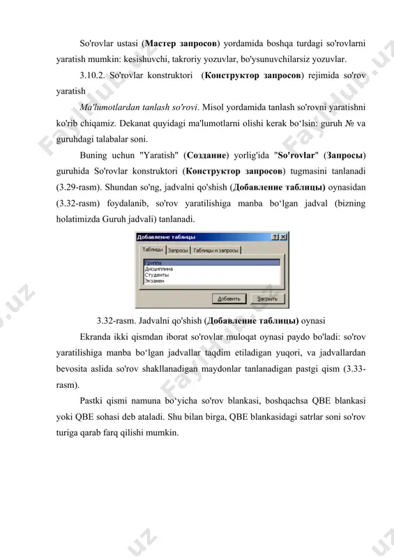gan, ma'lumotlar bazasi ma'lum bir ob'ektidagi maydonga havolani ko'rsatishda undov belgisi ishlatiladi): [guruh]![fish] 3.6-jadval. "matn" («текстовый»), "memo maydoni" («поле memo») va "giperhavola" («гиперссылка») ma'lumotlar turlaridagi maydonlar uchun qo'llaniladigan shablon bo‘yicha tanlash operatori image7.tmp image1.tmp image2.tmp image3.tmp image4.tmp image5.tmp image6.tmp