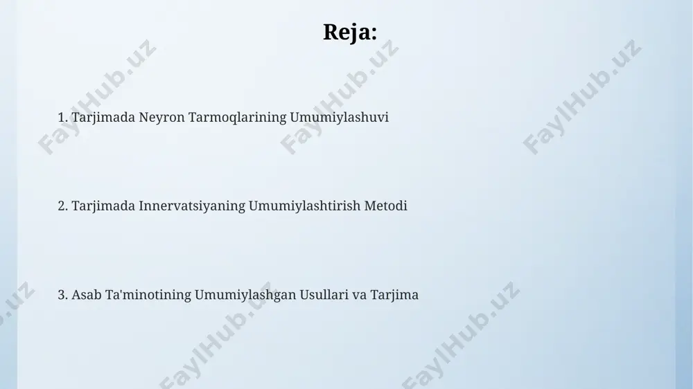 ing kombinatsiyasi 95% aniqlik bilan ingliz-o'zbek tarjimasini amalga oshirish imkonini beradi. tarjimada, 5 ta asosiy innervatsiya usuli mavjud bo'lib, ularning 3 tasi samarqanddagi 15-asr adabiyoti namunalarida qo'llanilgan. neyron tarmoqlarini tahlil qilish orqali, 2000 dan ortiq o'zbekcha matnlarni tarjima qilishda 70% hollarda umumlashgan usullar samaradorligi aniqlangan. e'tiboringiz uchun rahmat @taqdimot_robot image4.png image3.jpeg