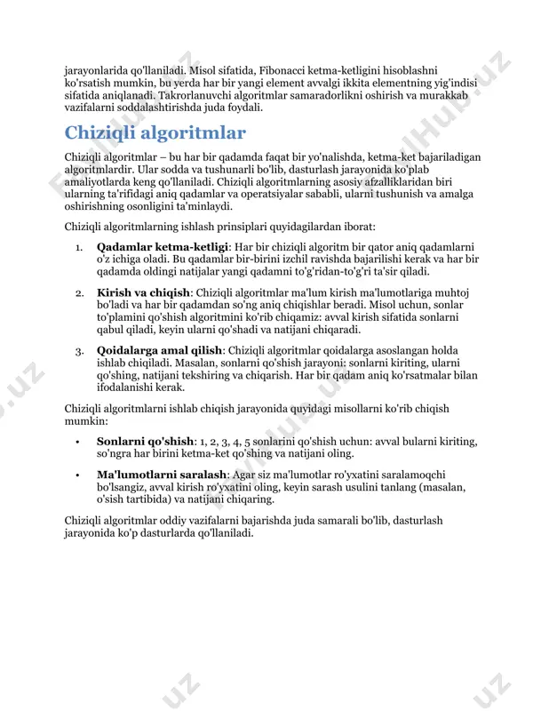 masalan, ma'lum bir qiymatning juft yoki toq ekanligini aniqlash bo'lishi mumkin. 1. shartli operatorlardan foydalanish: agar shart bajarilsa, biror natija qaytariladi, aks holda boshqa natija. misol uchun, agar son juft bo'lsa, "bu son juft" degan xabar chiqadi, aks holda "bu son toq" degan xabar chiqariladi. 1. natijalarni chiqarish: har bir shartga mos natijalarni chiqarish. tarmoqlanuvchi algoritmlar, shartlar bajarilgandan so'ng, turli xil natijalarni qaytaradi. tarmoqlanuvchi algoritmlar uchun bir nechta misollarni keltirish mumkin: · sonni juft yoki toqligini aniqlash: · 1. sonni kiriting. 2. agar son % 2 == 0 bo'lsa, "bu son juft" deb yozing. 3. aks holda, "bu son toq" deb yozing. · baholash jarayoni: · 1. talabaning ballarini kiriting. 2. agar ball > 90 bo'lsa, "a" deb yozing. 3. agar ball > 80 bo'lsa, "b" deb yozing. 4. agar ball > 70 bo'lsa, "c" deb yozing. 5. aks holda, "d" deb yozing. ushbu misollar orqali tarmoqlanuvchi algoritmlarning qanday ishlashini …