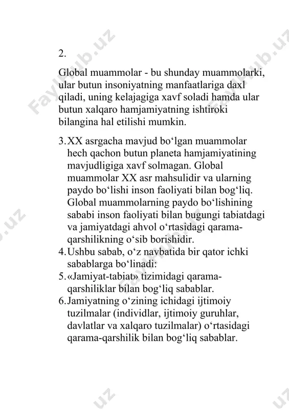 paydo bo‘lgan paytdan boshlab olimlar, siyosatdonlar, ijtimoiy va xalqaro tashkilotlar e’tiborini jalb etdilar. shu munosabat bilan global rivojlanishning turli-tuman matematik, kompyuter modellari va prognozlari yuzaga kela boshladi. xx asrning 70-yillarida olimlar, biznesmenlar va siyosatchilarni o‘z safida birlashtirgan nohukumat tashkilot - rim klubi tomonidan bir qator prognoz modellari yaratildi. dastlabki ana shunday matematik modellarning birinchisi faylasuf va kibernetik olim x.o‘zbekxon tomonidan yaratilgan edi. keyingi imitatsion model («mir-1») dj.forrester tomonidan yaratilgan bo‘lib, unda aholining ko‘payishi, kapital mablag‘larning, tabiiy resurslar, atrof-muhitning ifloslanishi va oziq-ovqat muammolarining rivojlanishi hamda o‘sib borishi ko‘rsatilgan edi. tez orada shu olimning o‘zi tomonidan yanada takomillashtirilgan model - «mir-2» yaratildi. - global miqyosdagi ijtimoiy-iqtisodiy va ilmiy-texnik rivojlanish jarayonlarini muvofiqlashtirish uchun maxsus transmilliy tuzilmalar yaratish haqidagi taklif (e.pestel, m.mesarovich); - ekologik muvozanatlashtirilgan global iqtisodiy tizimlar nazariyasini ishlab chiqish (l.braun); - global ekologik va insonparvarlik etikasini shakllantirish (r.atfild) va boshqalar. a.pechcheining «taraqqiyot dinidan va mexanikaning kuch-qudratiga ko‘r-ko‘rona ishonishdan» voz kechish va o‘z …