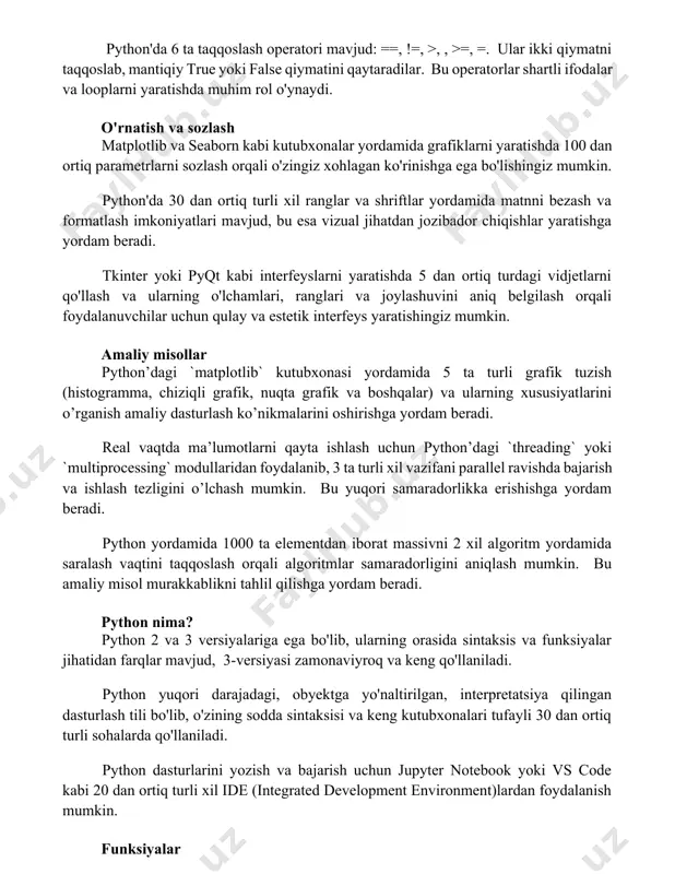 shda muhim rol o'ynaydi. o'rnatish va sozlash matplotlib va seaborn kabi kutubxonalar yordamida grafiklarni yaratishda 100 dan ortiq parametrlarni sozlash orqali o'zingiz xohlagan ko'rinishga ega bo'lishingiz mumkin. python'da 30 dan ortiq turli xil ranglar va shriftlar yordamida matnni bezash va formatlash imkoniyatlari mavjud, bu esa vizual jihatdan jozibador chiqishlar yaratishga yordam beradi. tkinter yoki pyqt kabi interfeyslarni yaratishda 5 dan ortiq turdagi vidjetlarni qo'llash va ularning o'lchamlari, ranglari va joylashuvini aniq belgilash orqali foydalanuvchilar uchun qulay va estetik interfeys yaratishingiz mumkin. amaliy misollar python’dagi `matplotlib` kutubxonasi yordamida 5 ta turli grafik tuzish (histogramma, chiziqli grafik, nuqta grafik va boshqalar) va ularning xususiyatlarini o’rganish amaliy dasturlash ko’nikmalarini oshirishga yordam beradi. real vaqtda ma’lumotlarni qayta ishlash uchun python’dagi `threading` yoki `multiprocessing` modullaridan foydalanib, 3 ta turli xil vazifani parallel ravishda bajarish va ishlash tezligini o’lchash mumkin. bu yuqori samaradorlikka erishishga yordam beradi. python yordamida 1000 ta elementdan iborat massivni 2 xil algoritm …