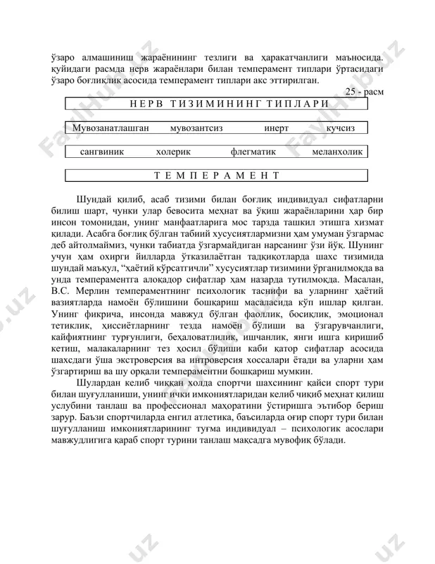 ир этгандир. темперамент ва фаолиятнинг индивидуал хусусиятлари. шахснинг индивидуал хусусиятлари ҳақида гап кэтганда, уларнинг туғма, биологик хусусиятларига алоҳида эътибор берилади. чунки аслида бир томондан шахс ижтимоий мавжудот бўлса, иккинчи томондан - биологик яхлитлик, туғма сифатларни ўз ичига олган субстрат - индивид ҳамдир. темперамент ва лаёқатлар индивиднинг динамик - ўзгарувчан психик фаолияти жараёнини таъминловчи сифатларини ўз ичига олади. бу сифатларнинг аҳамияти шундаки, улар шахсда кейин онтогенетик тараққиёт жараёнида шаклланадиган бошқа хусусиятларга асос бўлади. одам темпераментига алоқадор сифатларнинг ўзига хослиги шундаки, улар одам бир фаолият туридан иккинчисига, бир эмоционал ҳолатдан бошқасига, бир малакаларни бошқаси билан алмаштирган пайтларда реакцияларнинг эгилувчан ва динамиклигини таъминлайди ва шу нуқтаи назардан қараганда темперамент - шахс фаолияти ва хулқининг динамик (ўзгарувчан) ва эмоционал - ҳиссий томонларини характерловчи индивидуал хусусиятлар мажмуидир. ўзини босиб олган, ҳаёт қийинчиликларини сабр - бардош билан кўтарадиган инсоннинг одамлар орасидаги обрўси ҳам баланд бўлади. бу унинг ўз - ўзига нисбатан ҳурматини ҳам оширади, ишга, одамларга …